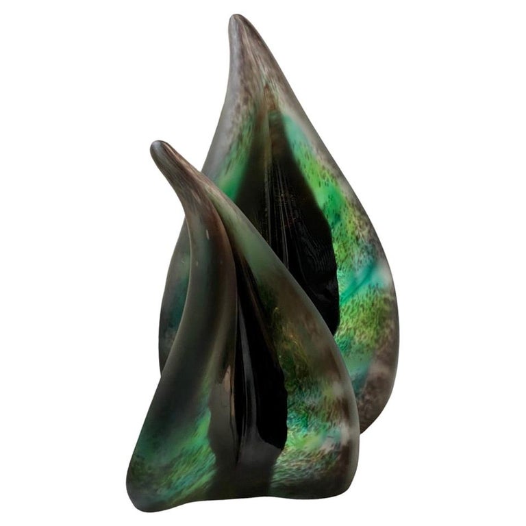 Pair of Foresta Dark Green Leaf Sculpture in Murano Art Glass Style For Sale