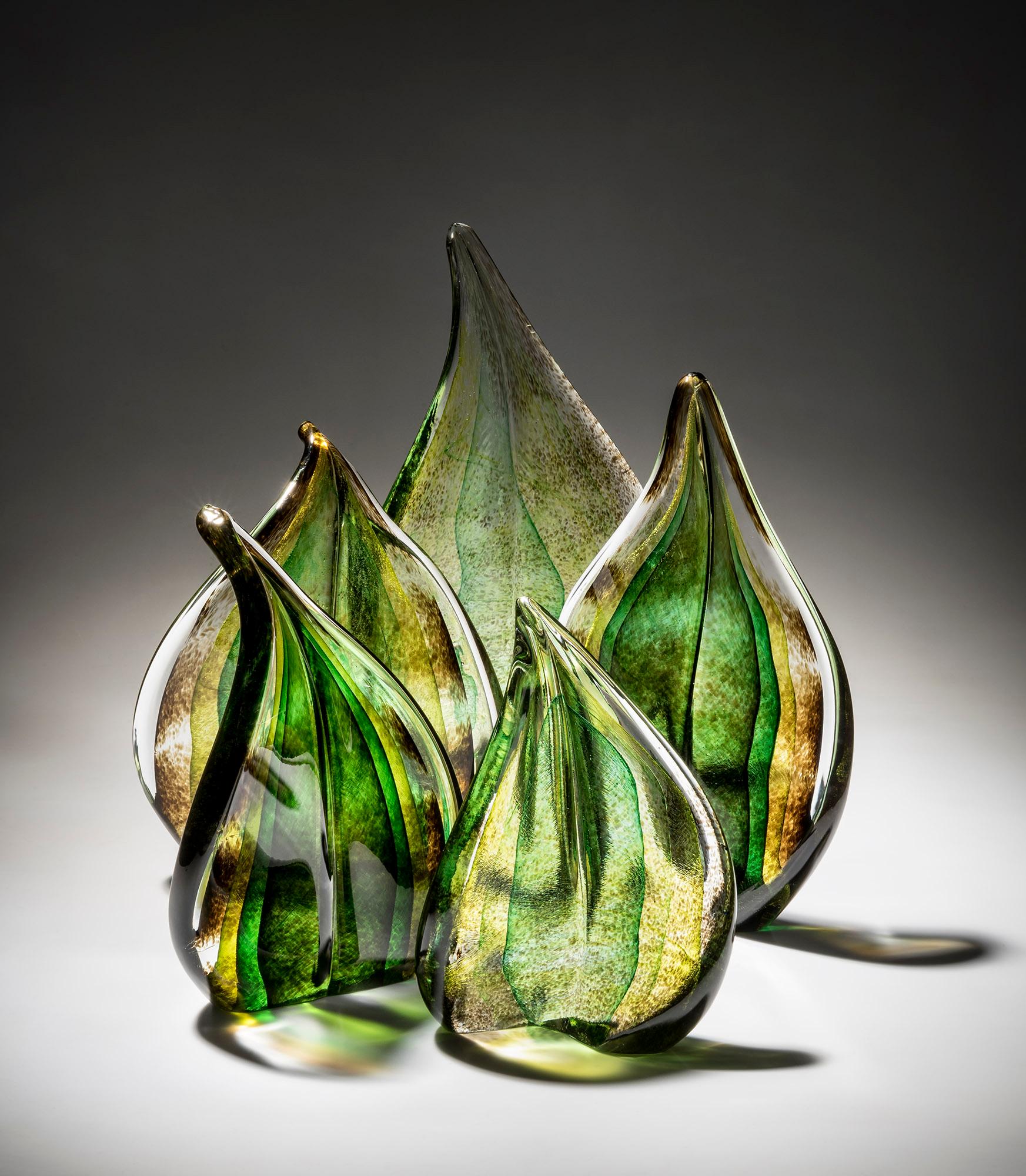 Verre brun Paire de sculptures à feuilles vertes Foresta en verre d'art de Murano en vente