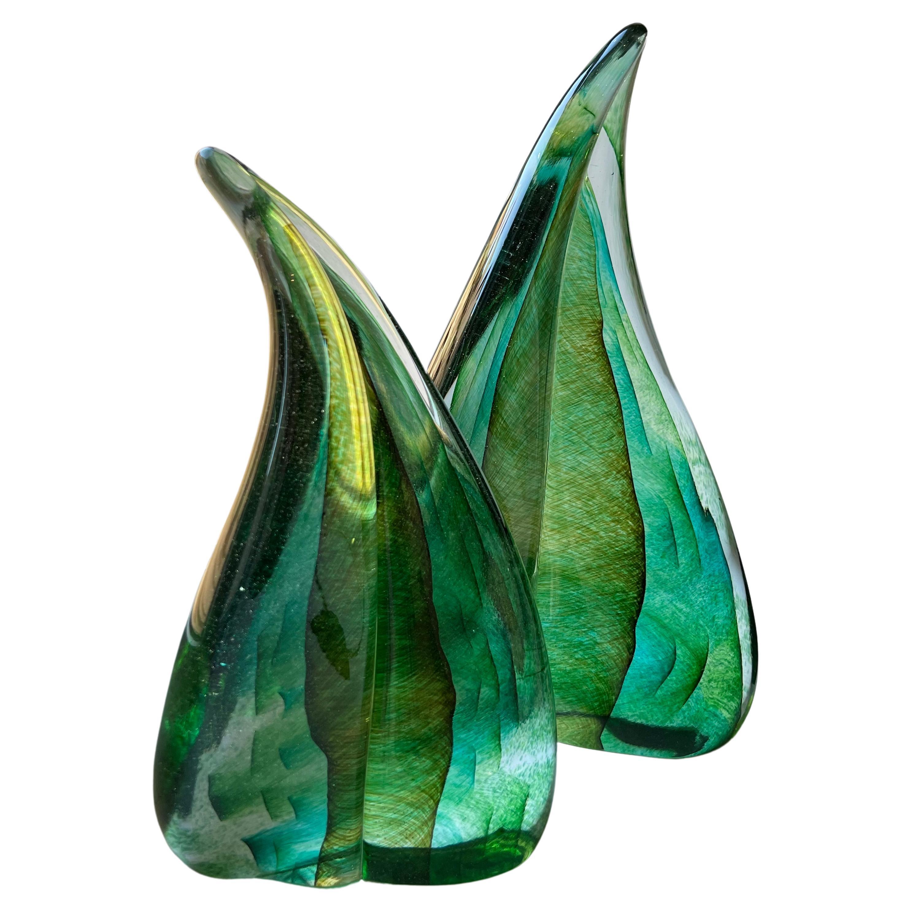 Pair of Foresta Green Leaf Sculpture in Murano Art Glass Style