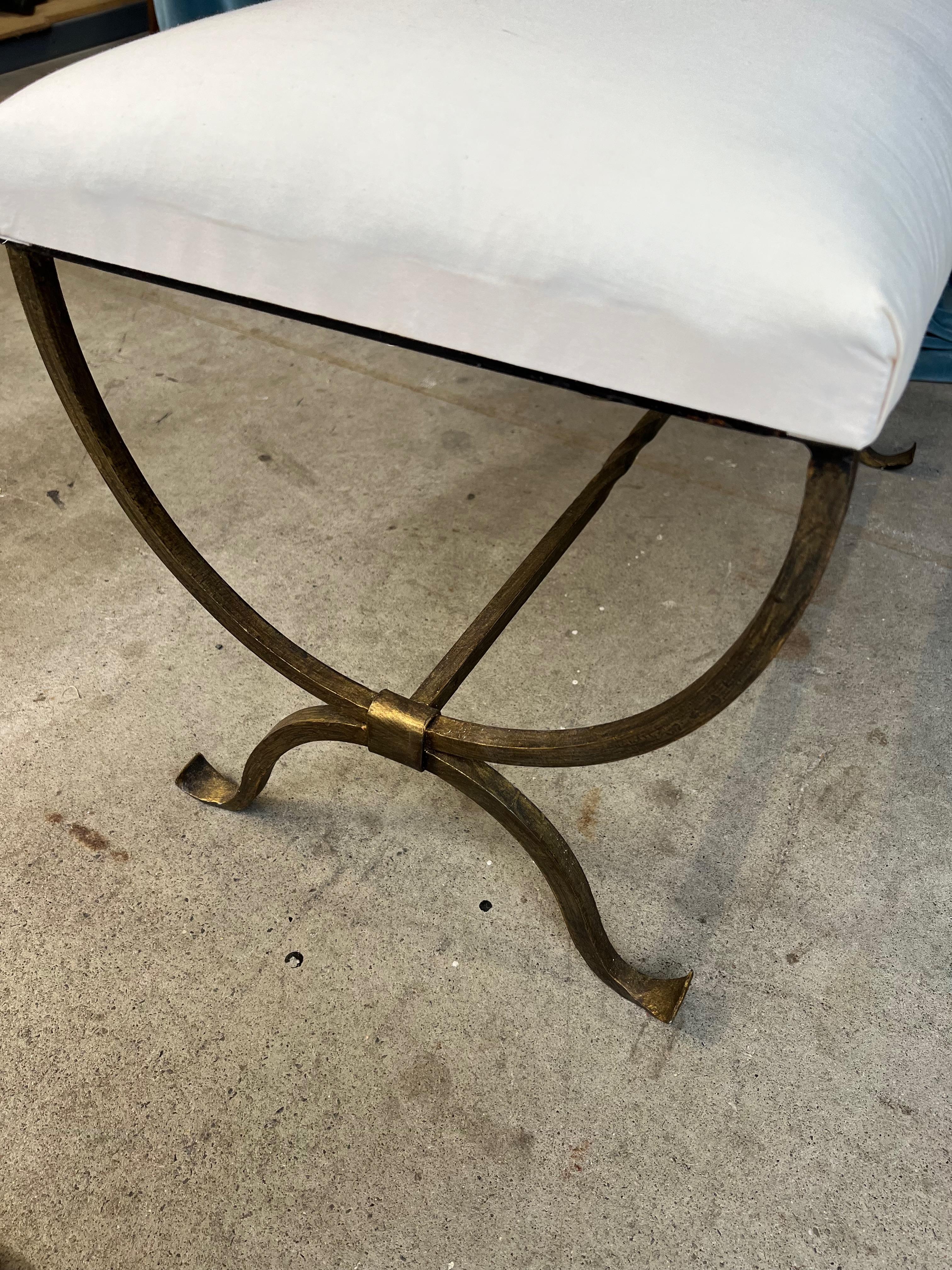 Pair of Forged and Gilt Iron Benches with Muslin Fabric 5