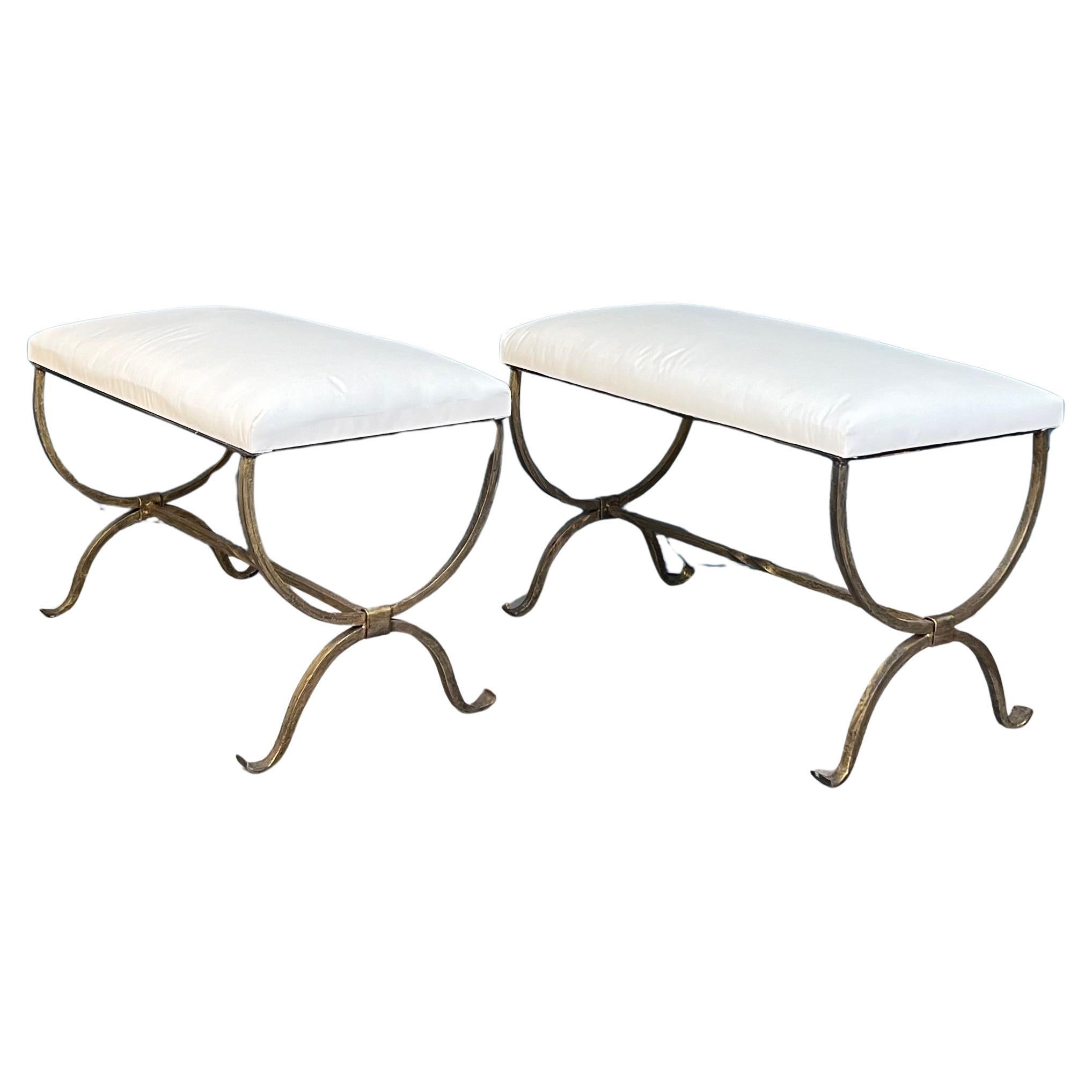 Pair of Forged and Gilt Iron Benches with Muslin Fabric
