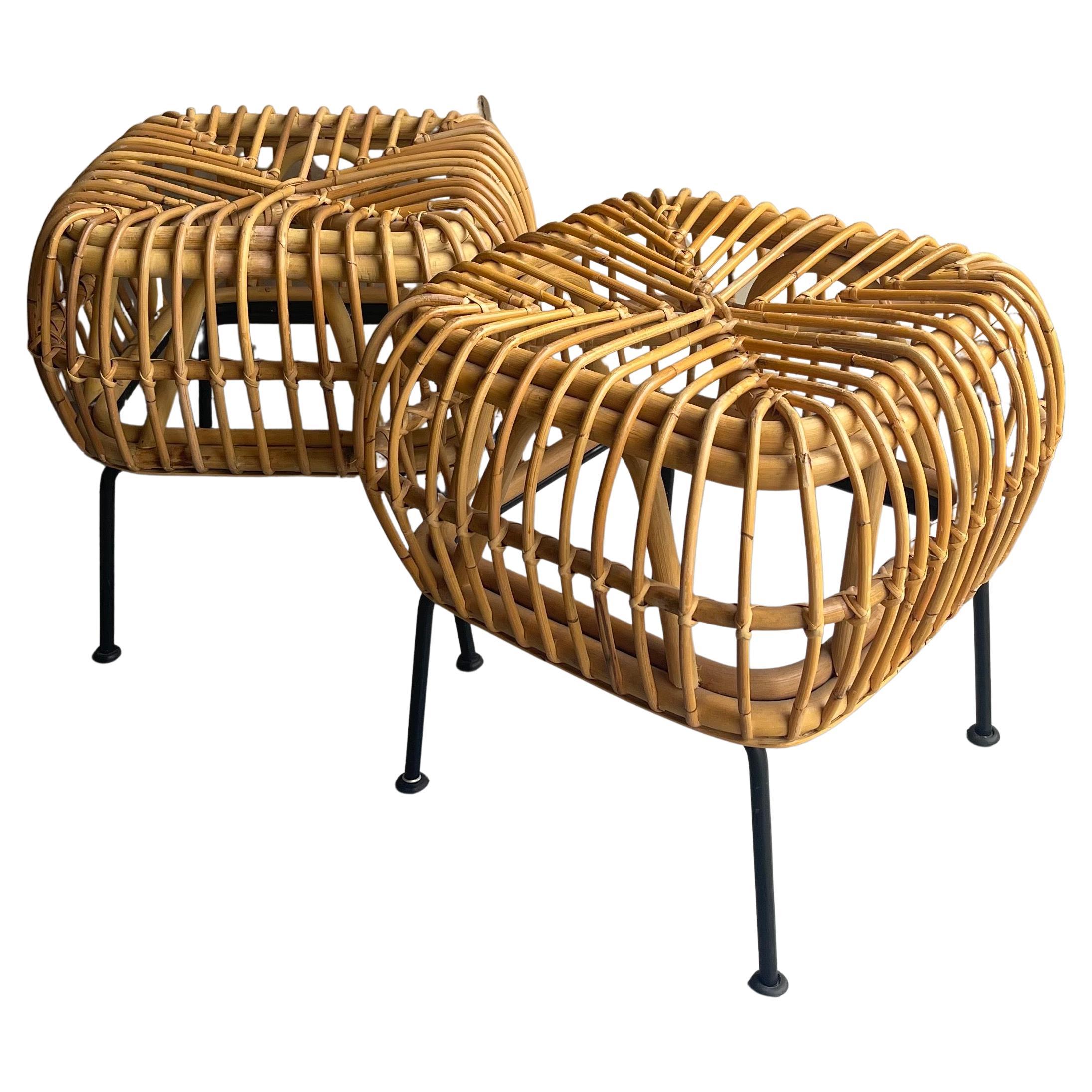 Pair of Forged Iron and Woven Rattan Stools / Benches