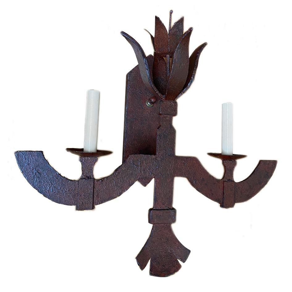 Pair of circa 1960's Italian forged iron two-light sconces with rust painted finish.

Measurements:
Height: 19
