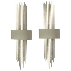 Pair of Forged  Metal in White Gold Finish with Silk Lampshade Wall Lights