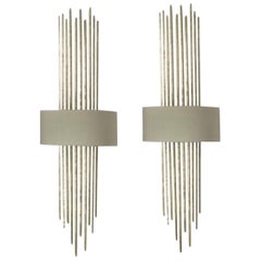 Pair of Forged  Metal in White Gold Finish with Silk Lampshade Wall Lights