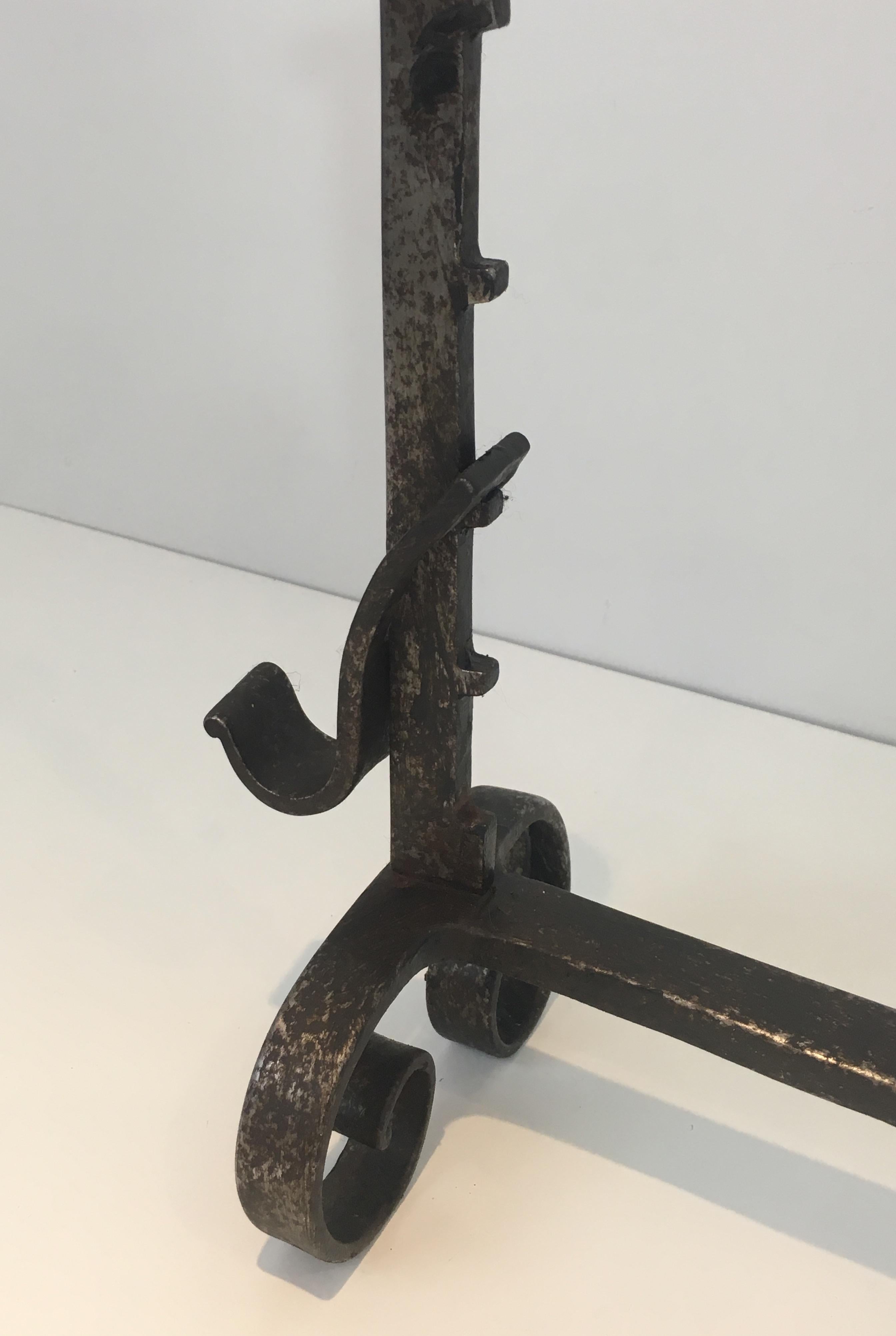 Pair of Forged Wrought Iron Andirons, French, 19th Century For Sale 7