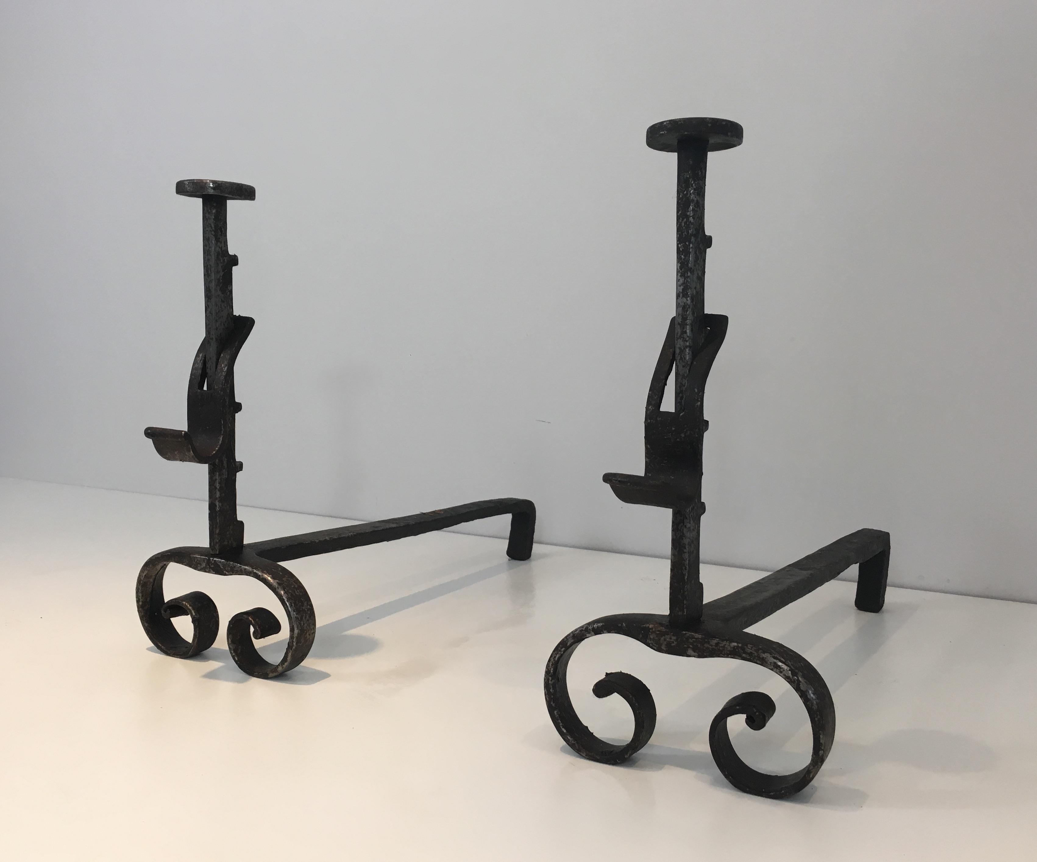Pair of Forged Wrought Iron Andirons, French, 19th Century For Sale 10