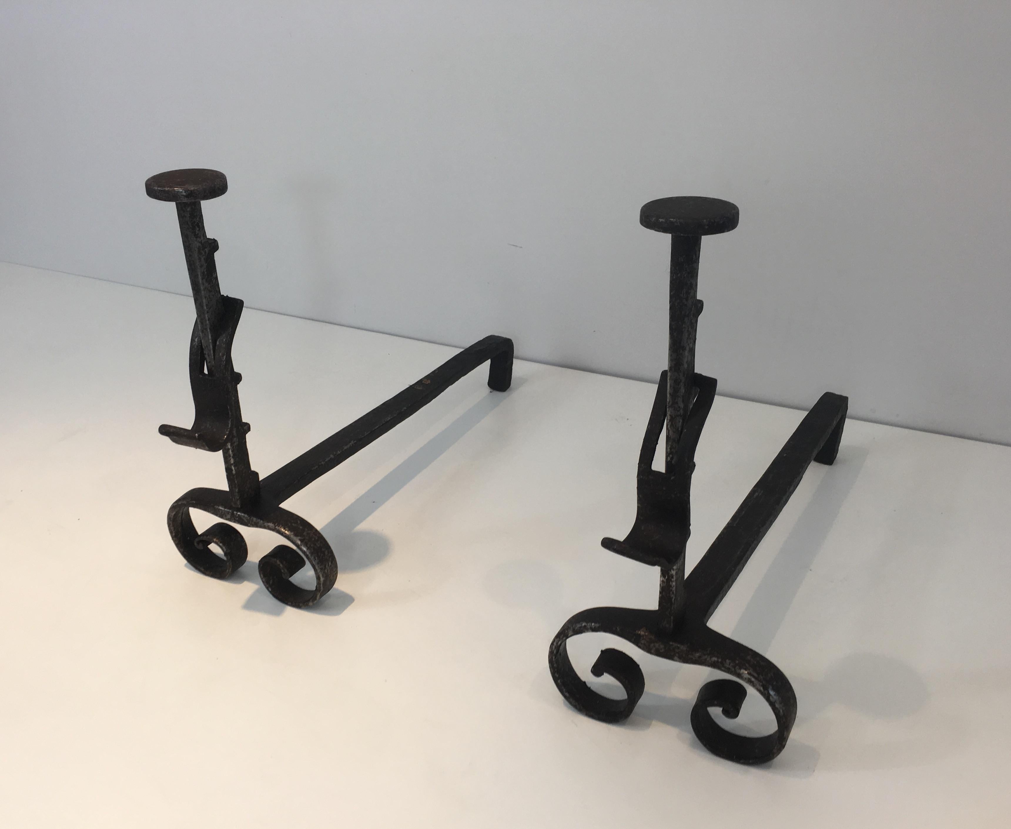 Pair of Forged Wrought Iron Andirons, French, 19th Century For Sale 11
