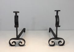 Pair of Forged Wrought Iron Andirons, French, 19th Century