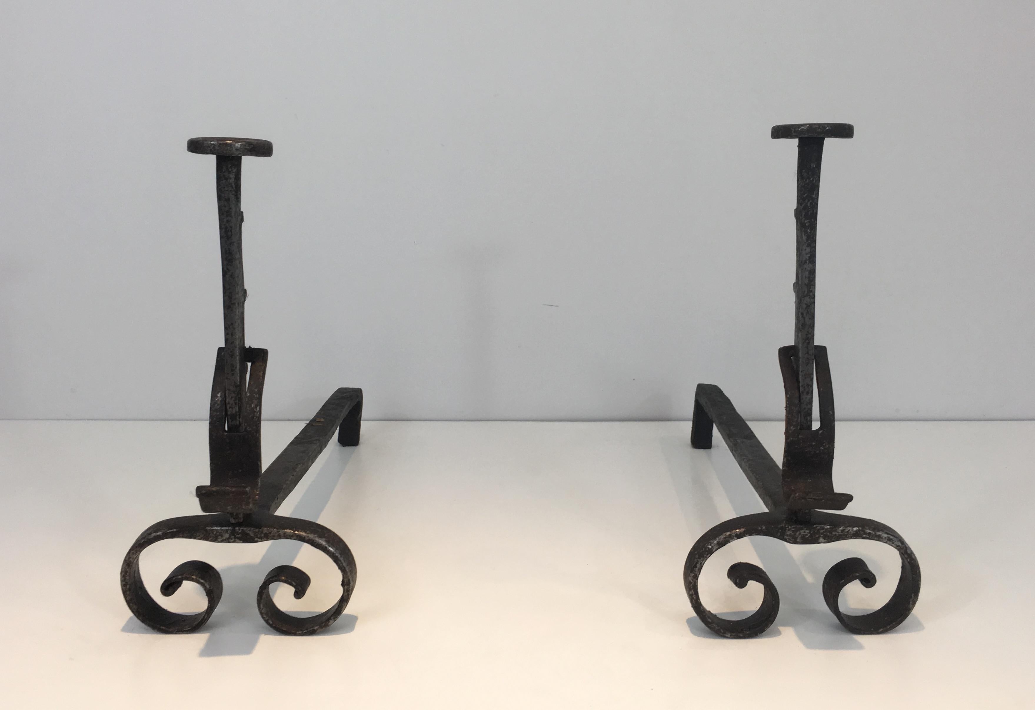 Gothic Pair of Forged Wrought Iron Andirons, French, 19th Century For Sale