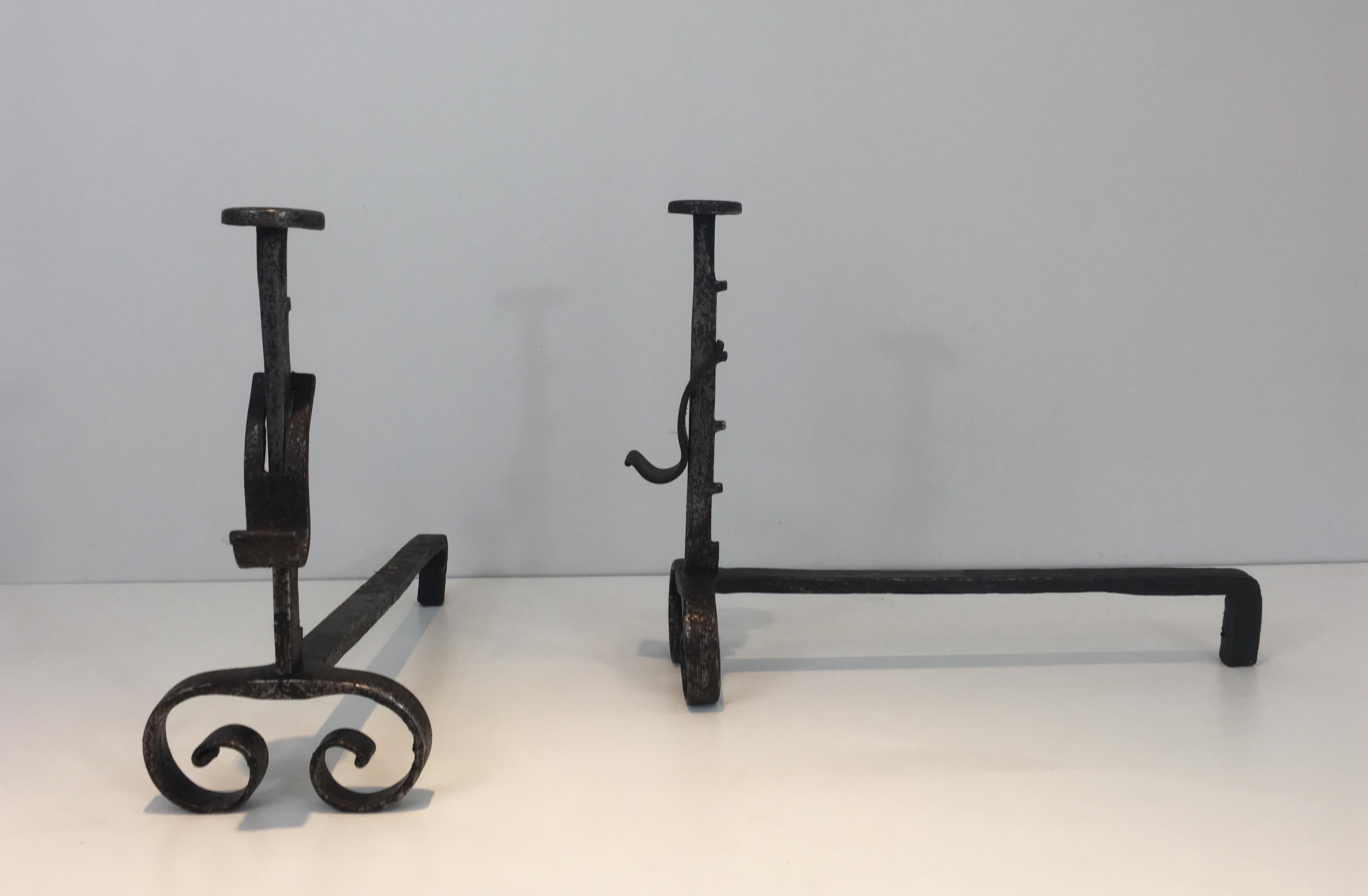 Pair of Forged Wrought Iron Andirons, French, 19th Century In Good Condition For Sale In Marcq-en-Barœul, Hauts-de-France