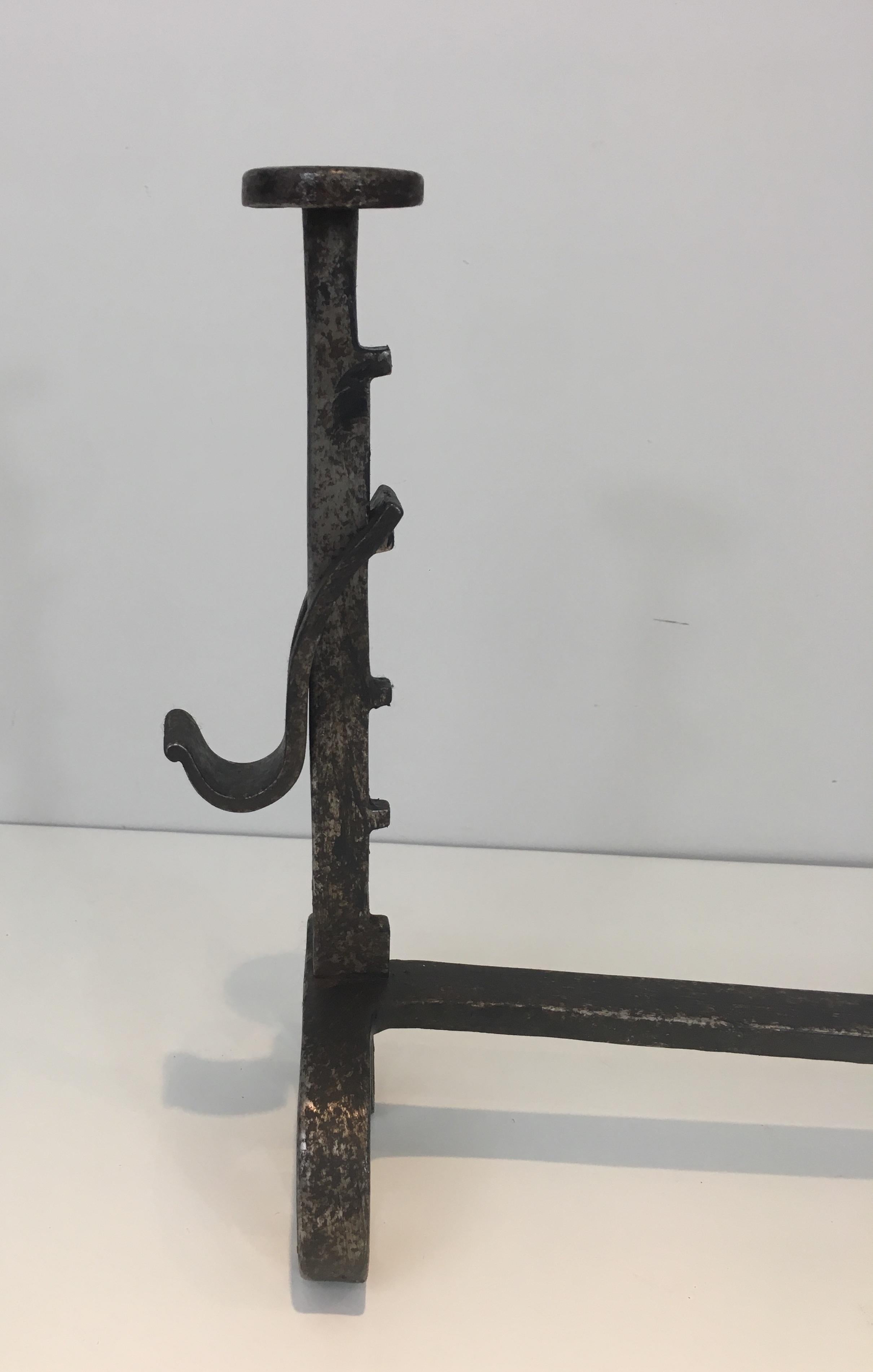 Pair of Forged Wrought Iron Andirons, French, 19th Century For Sale 1