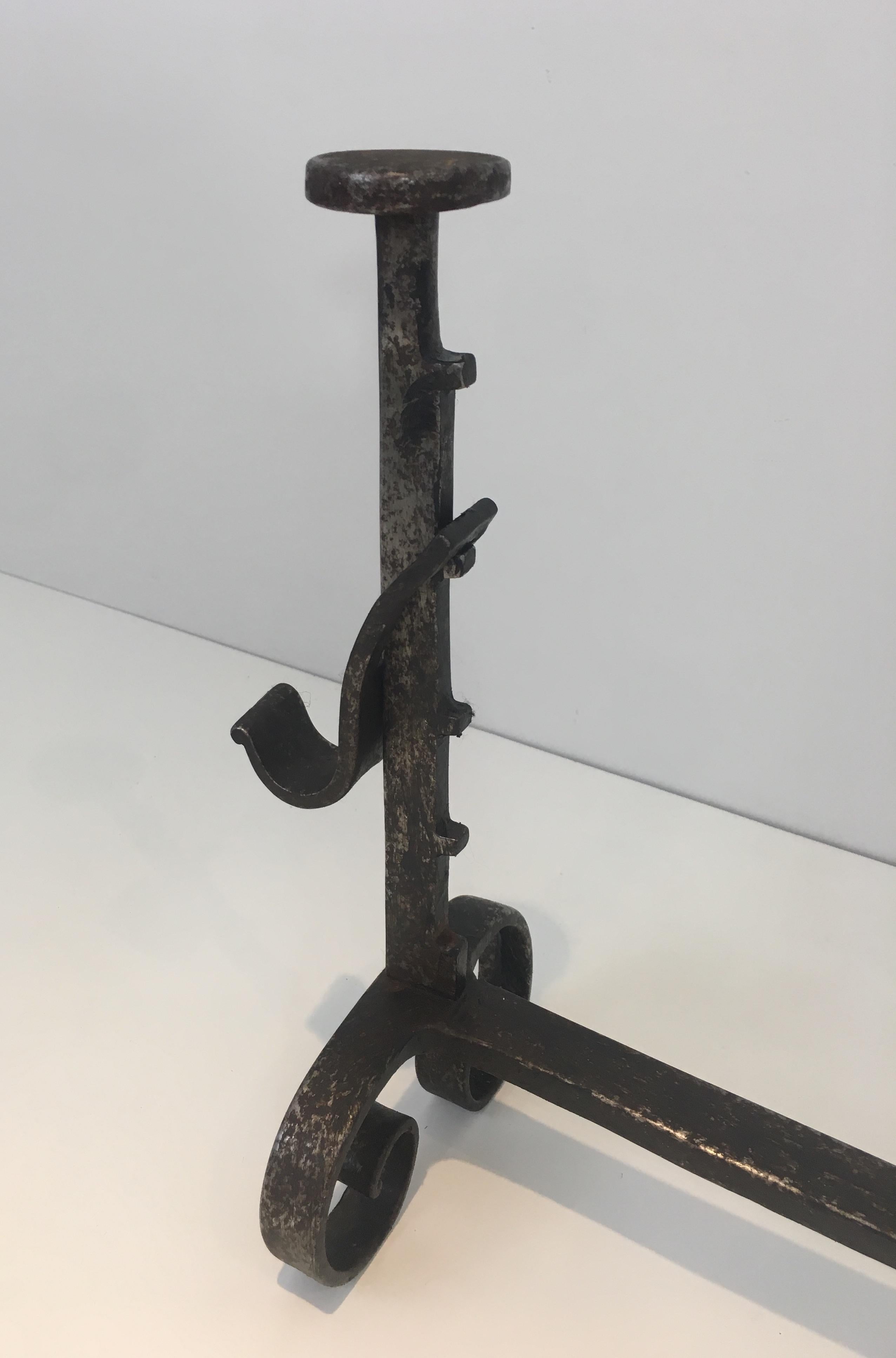 Pair of Forged Wrought Iron Andirons, French, 19th Century For Sale 2