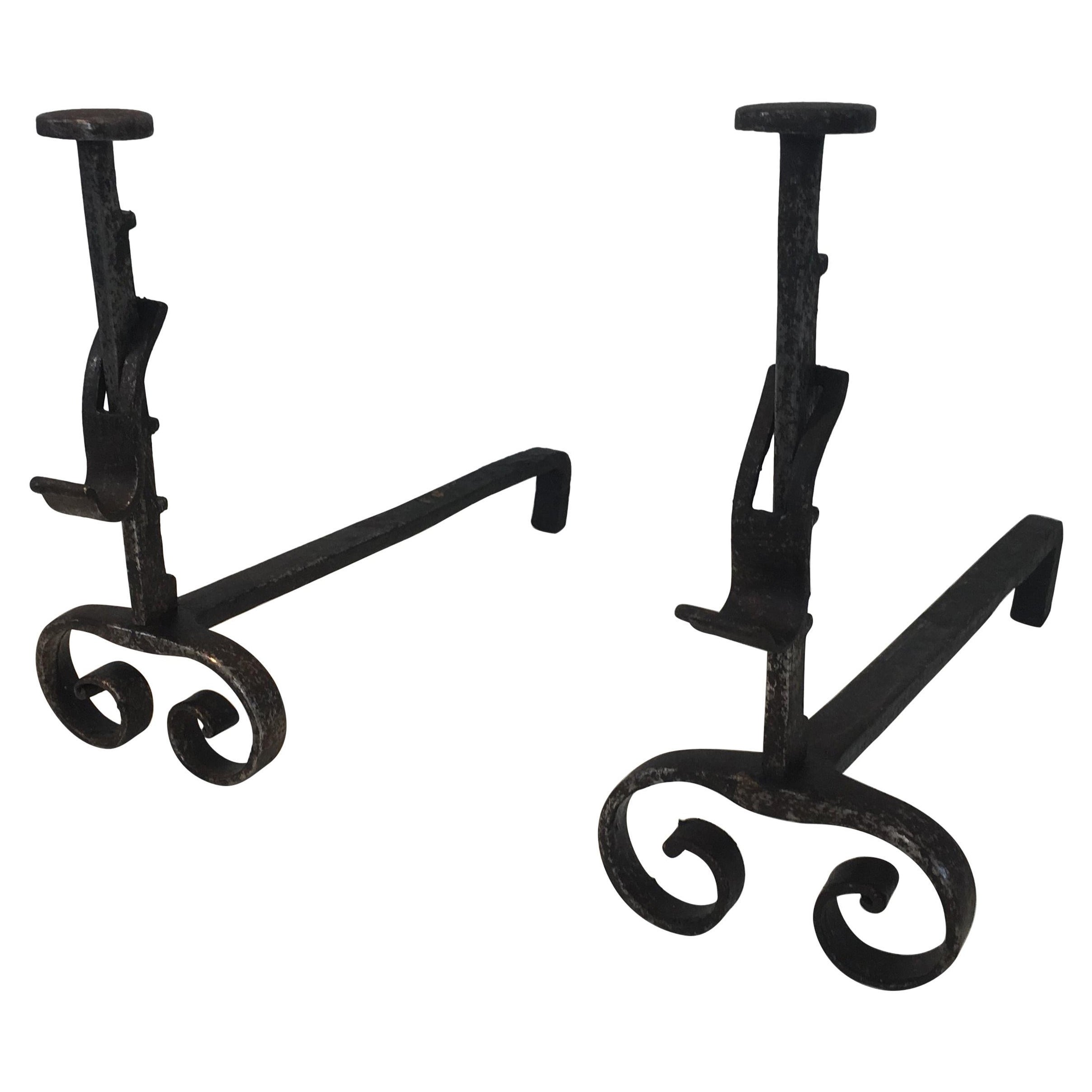 Pair of Forged Wrought Iron Andirons, French, 19th Century