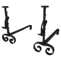 Pair of Forged Wrought Iron Andirons, French, 19th Century