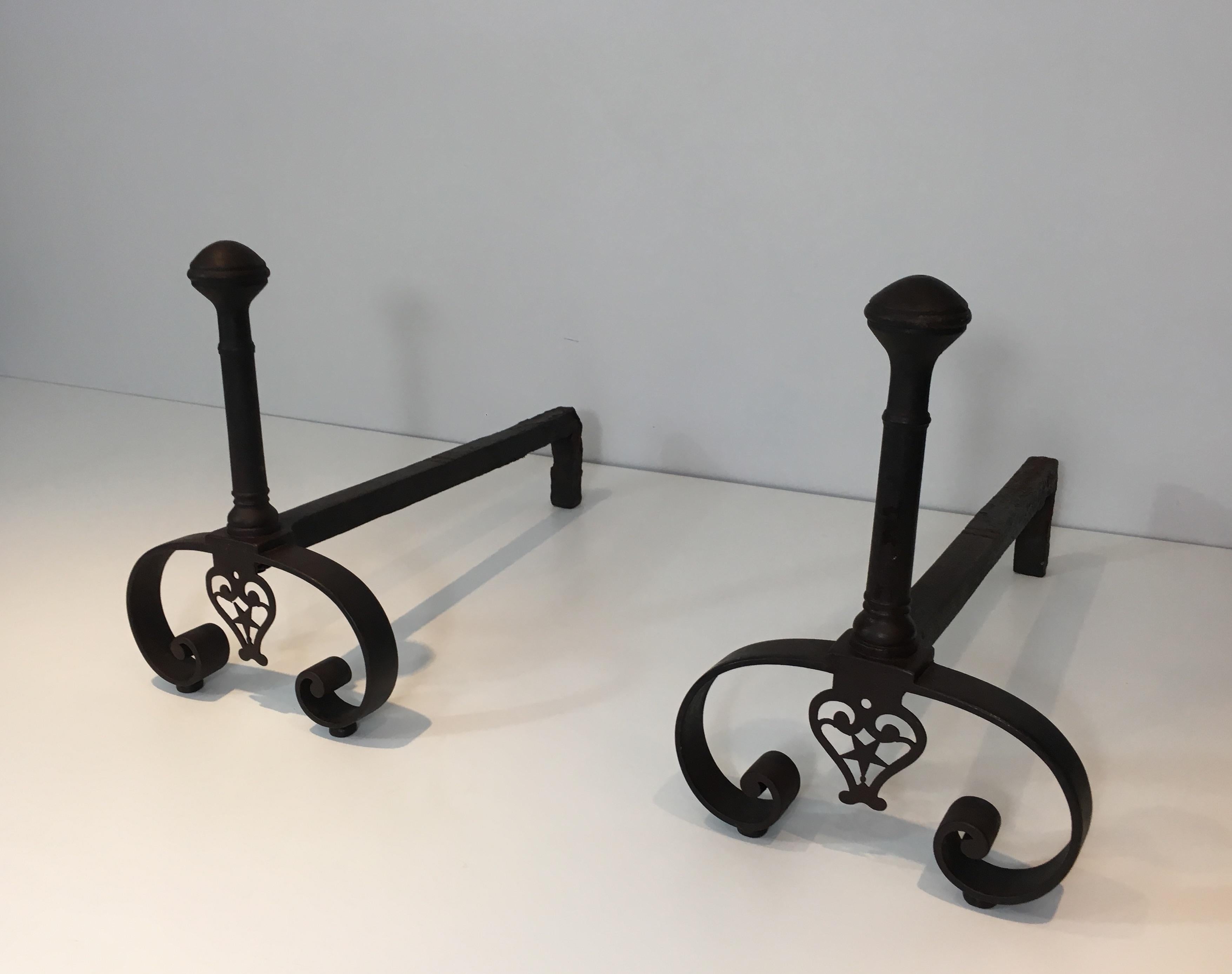Pair of Forged Wrought Iron Andirons, Gothic Style, French, 18th Century  For Sale 15