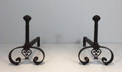 Pair of Forged Wrought Iron Andirons, Gothic Style, French, 18th Century