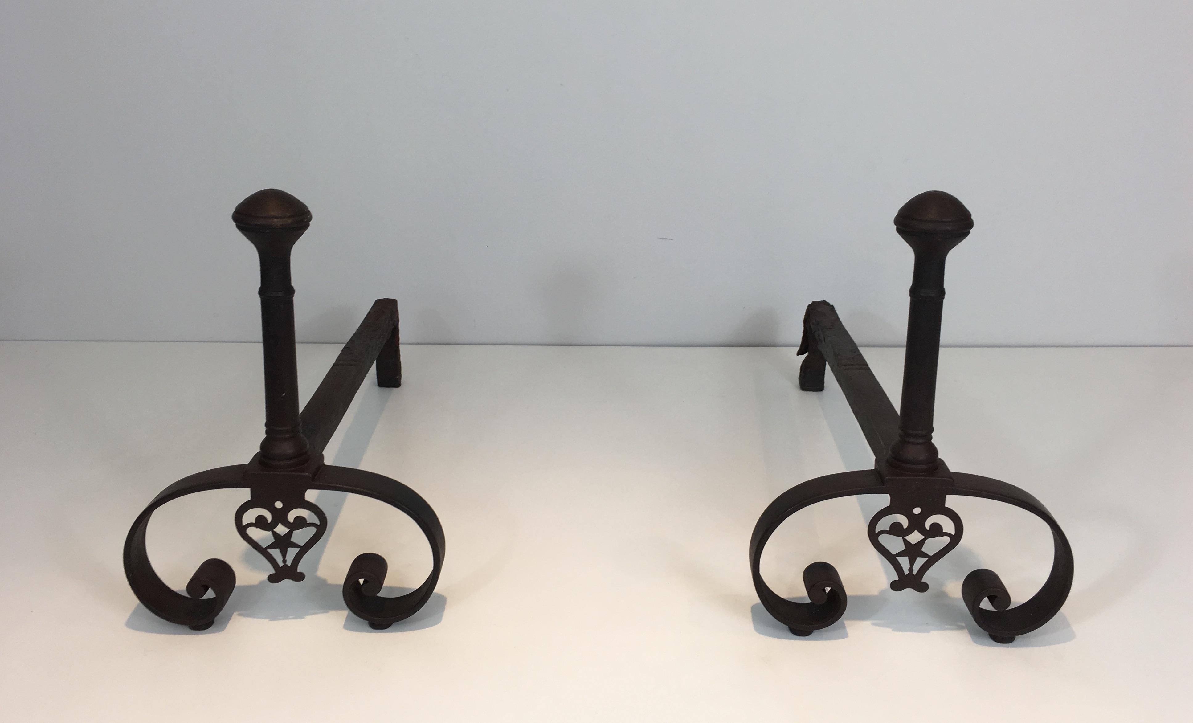 Pair of Forged Wrought Iron Andirons, Gothic Style, French, 18th Century  For Sale 16