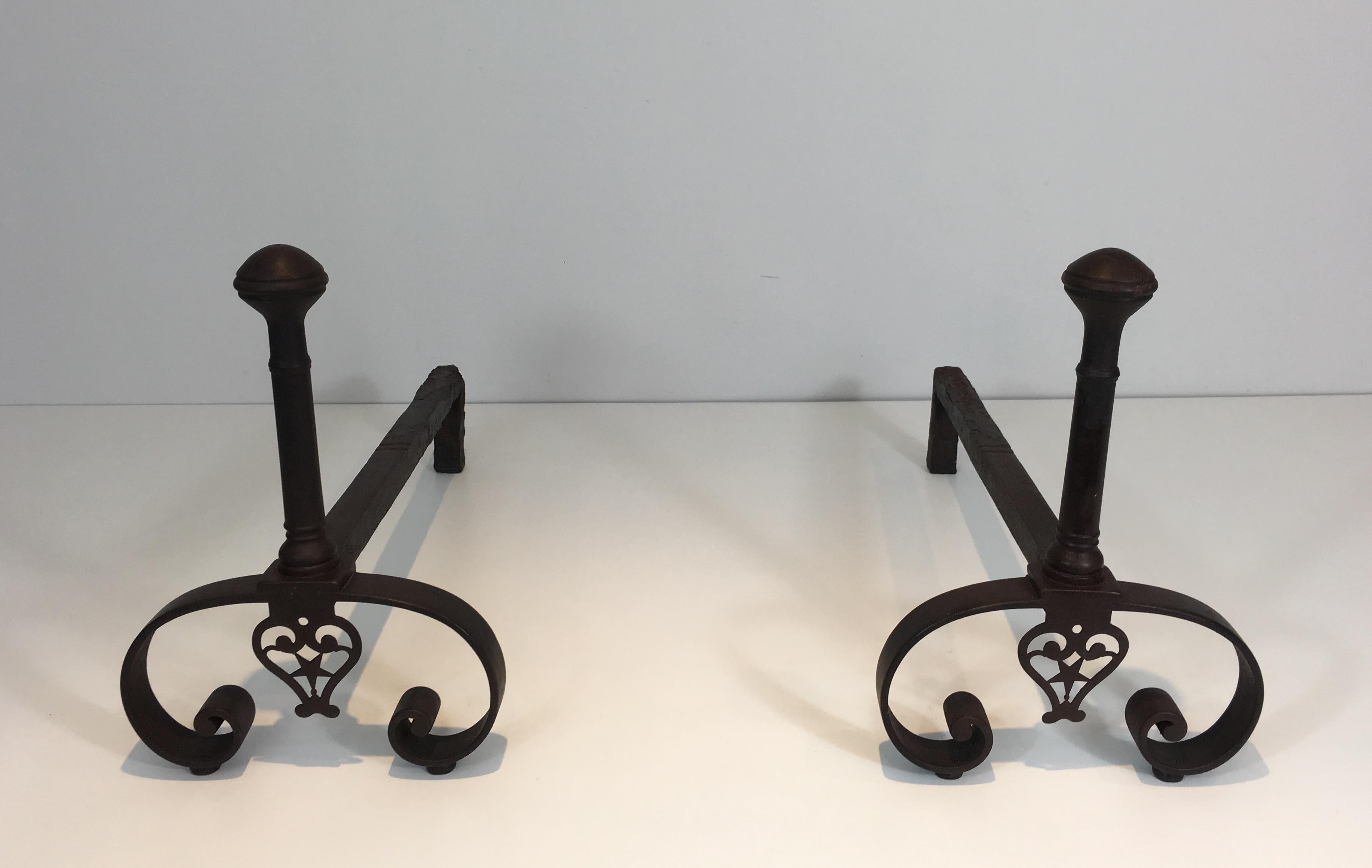 18th Century and Earlier Pair of Forged Wrought Iron Andirons, Gothic Style, French, 18th Century  For Sale