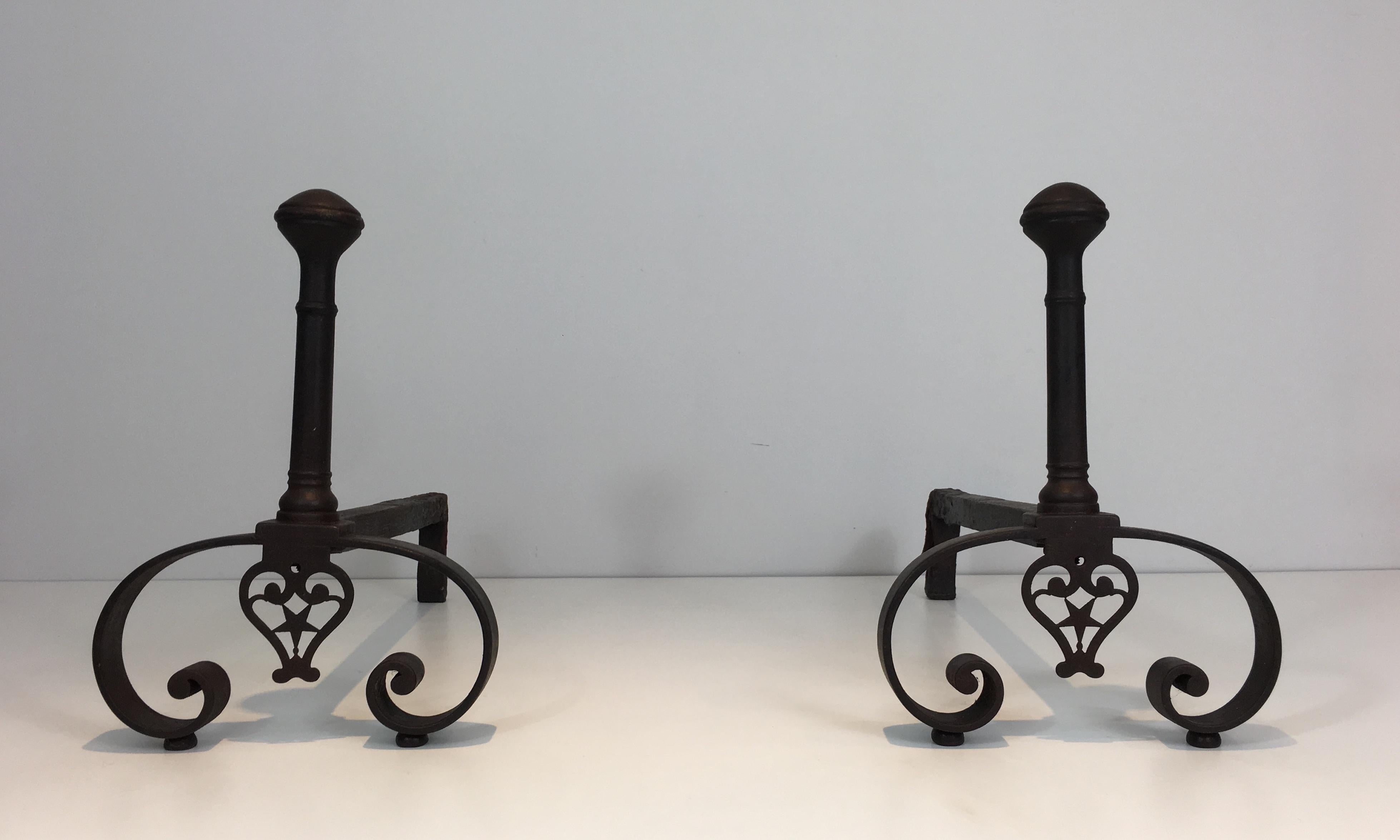 Pair of Forged Wrought Iron Andirons, Gothic Style, French, 18th Century  For Sale 1