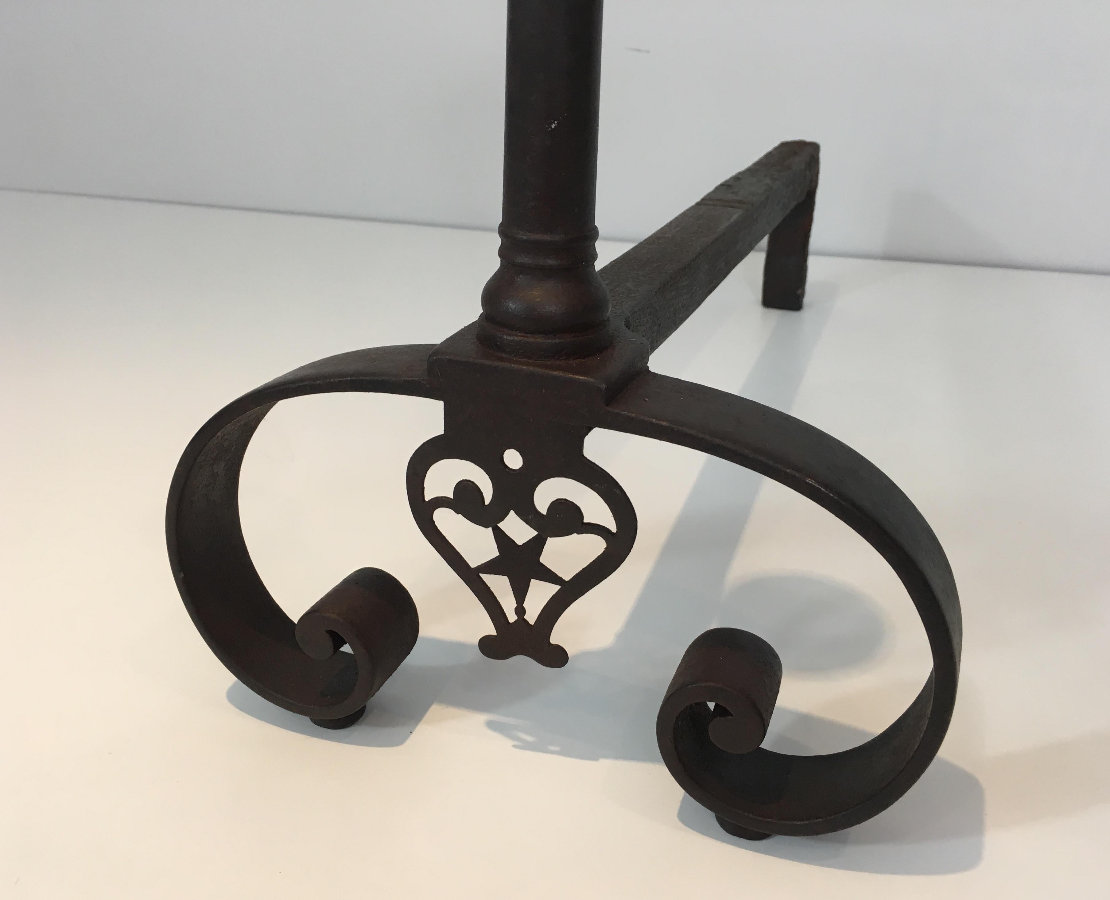 Pair of Forged Wrought Iron Andirons, Gothic Style, French, 18th Century  For Sale 5