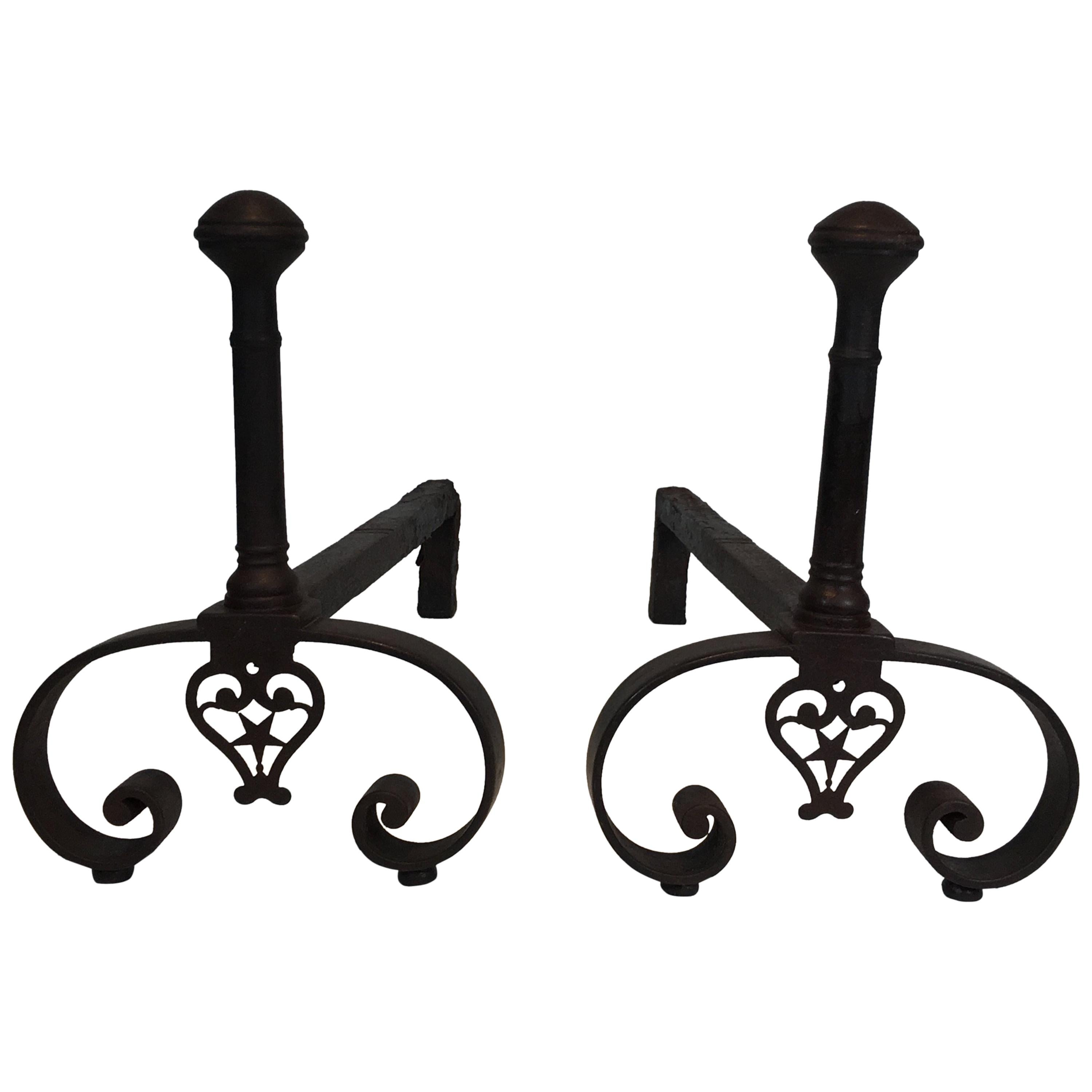 Pair of Forged Wrought Iron Andirons, Gothic Style, French, 18th Century