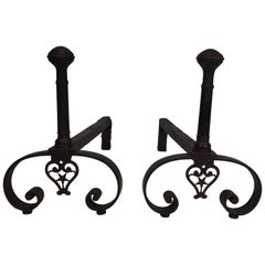 Pair of Forged Wrought Iron Andirons, Gothic Style, French, 18th Century