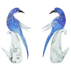 Pair of Formia di Vetri Murano Cobalt Silver Glass Birds