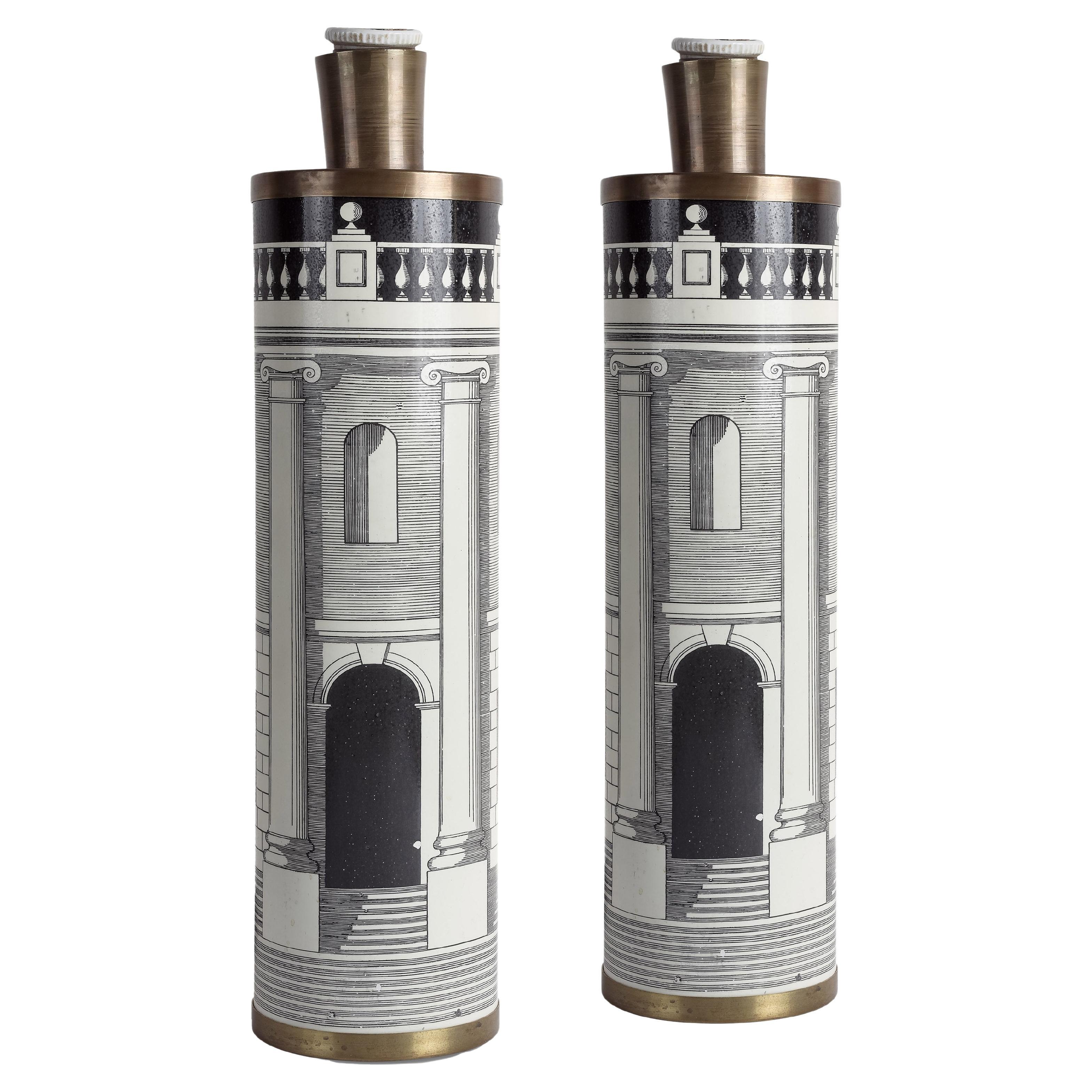 Rare pair of iconic Piero Fornasetti architecture lamps from  the Architecture series. American wired.