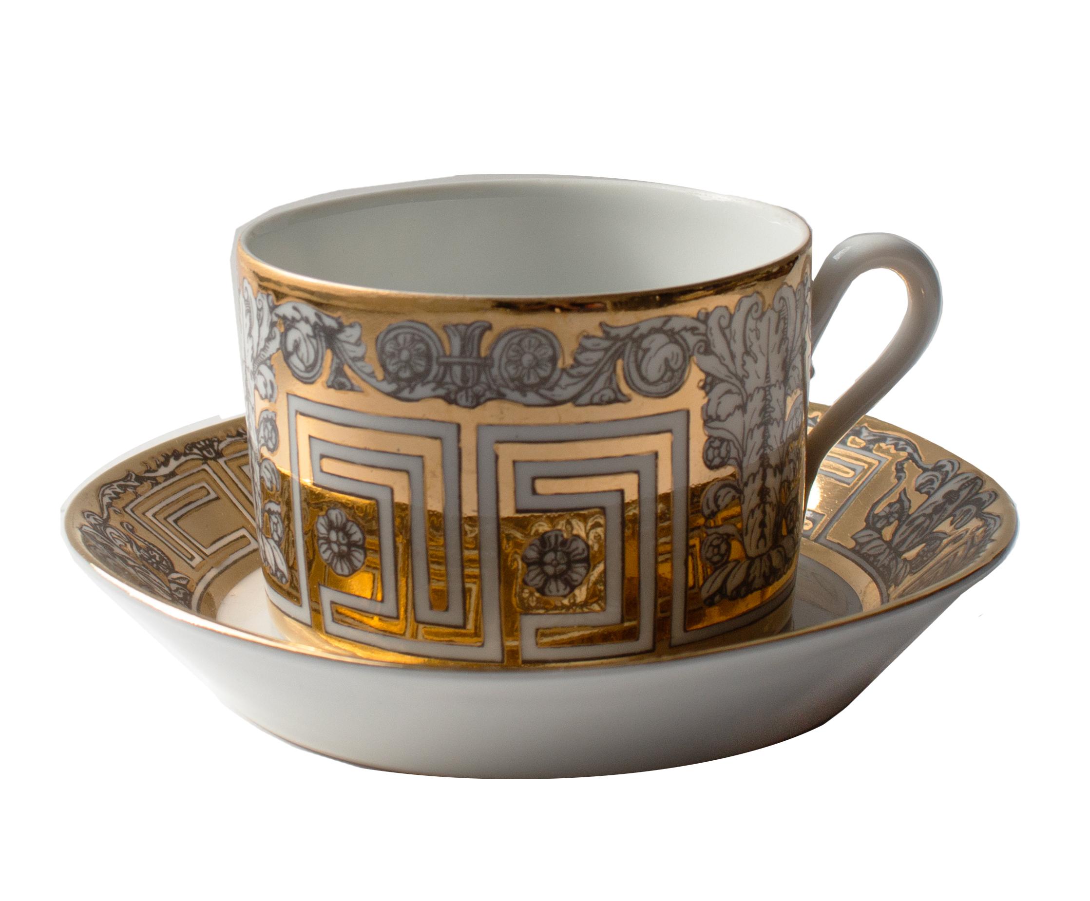 Italian Pair of Fornasetti “Greca” Cups and Saucers, Italy, ca. 1955 For Sale