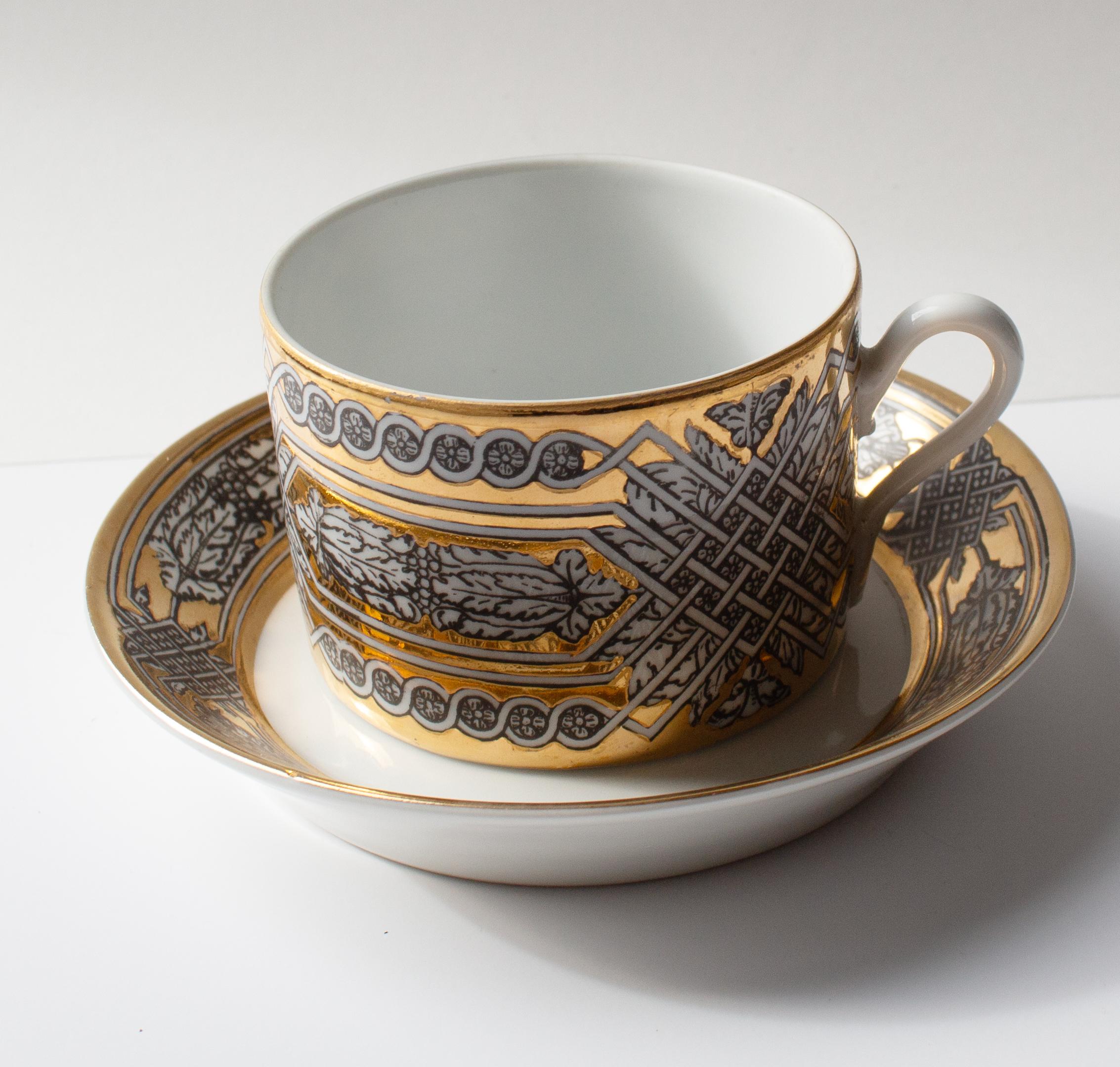 Mid-20th Century Pair of Fornasetti “Greca” Cups and Saucers, Italy, ca. 1955 For Sale