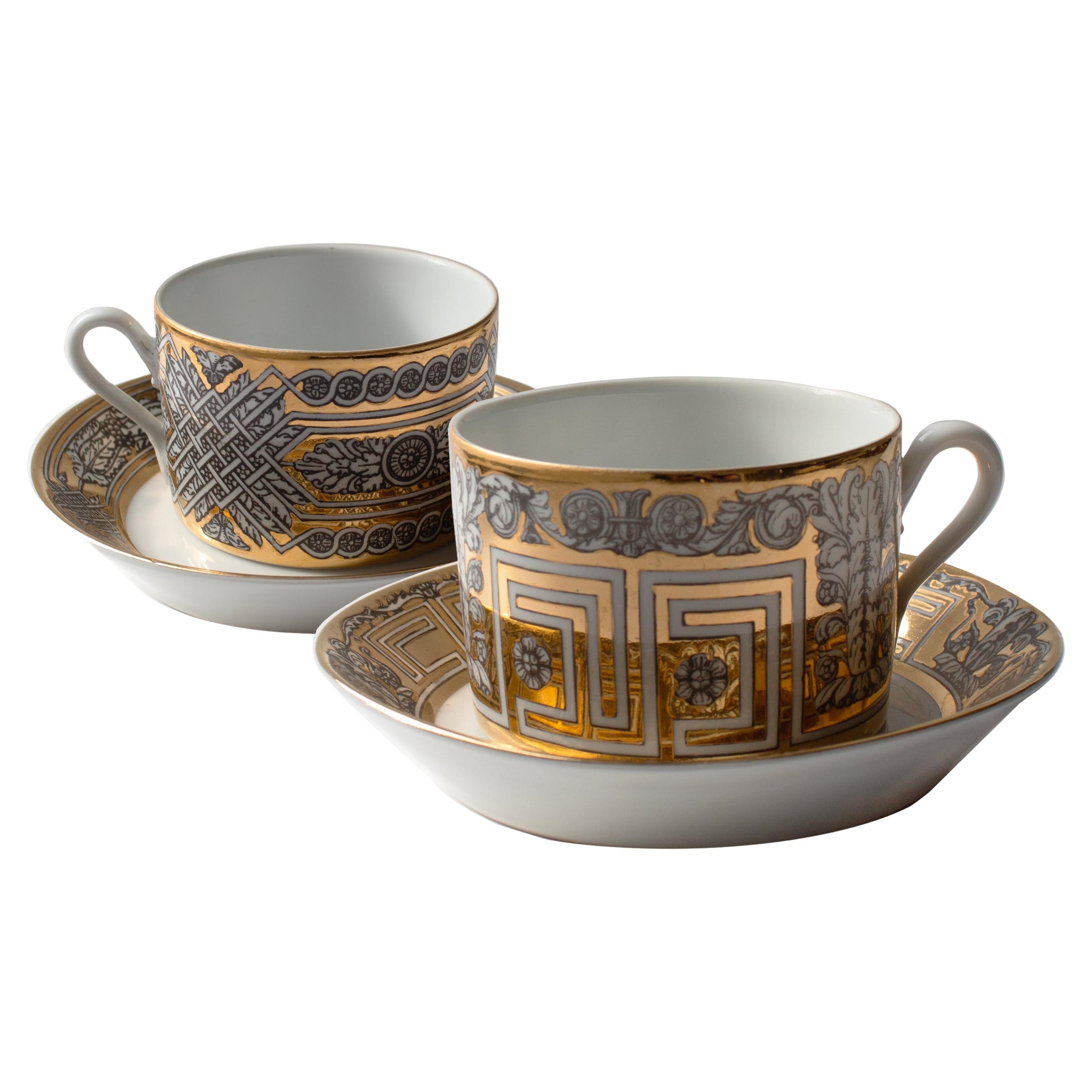 Pair of Fornasetti “Greca” Cups and Saucers, Italy, ca. 1955 For Sale