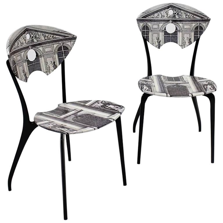 Pair of Fornasetti Style Black Lacquered Chairs