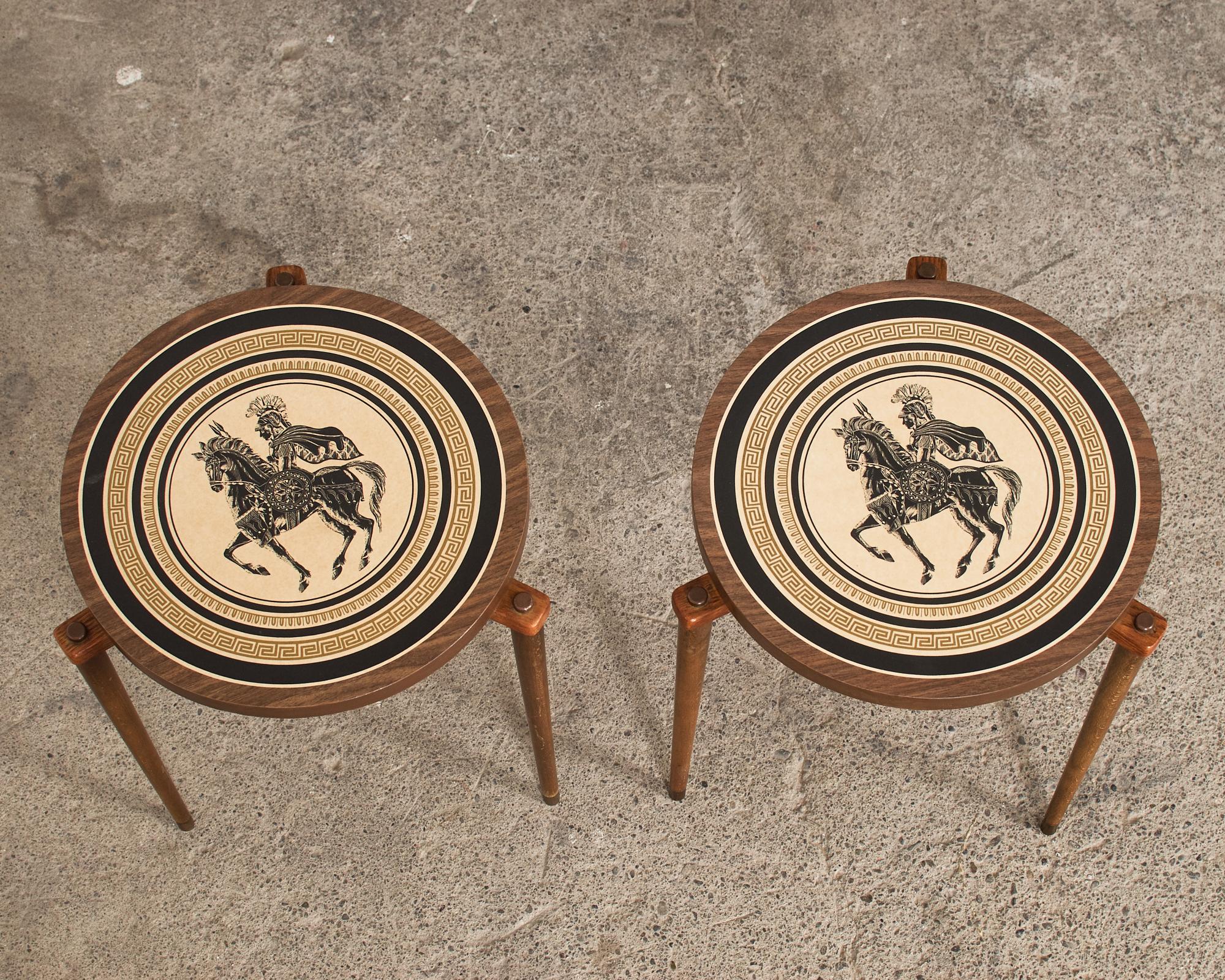 Pair of Fornasetti Style Drink Tables Greek Motif Decorated Tops In Good Condition For Sale In Rio Vista, CA