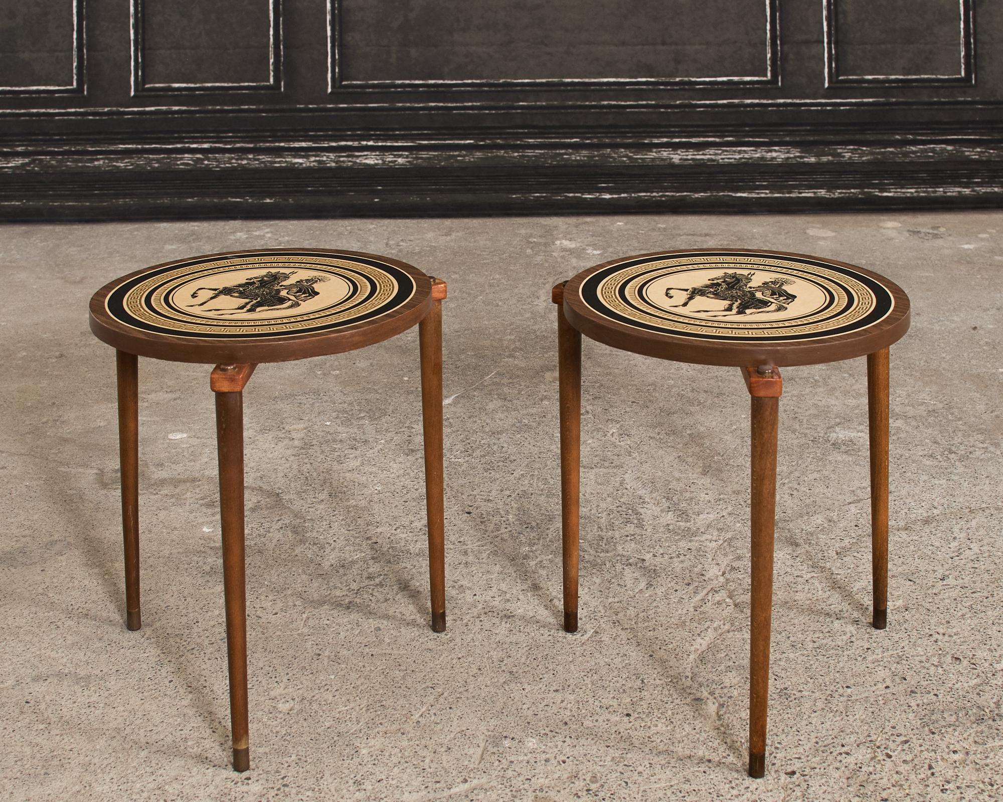 Contemporary Pair of Fornasetti Style Drink Tables Greek Motif Decorated Tops For Sale