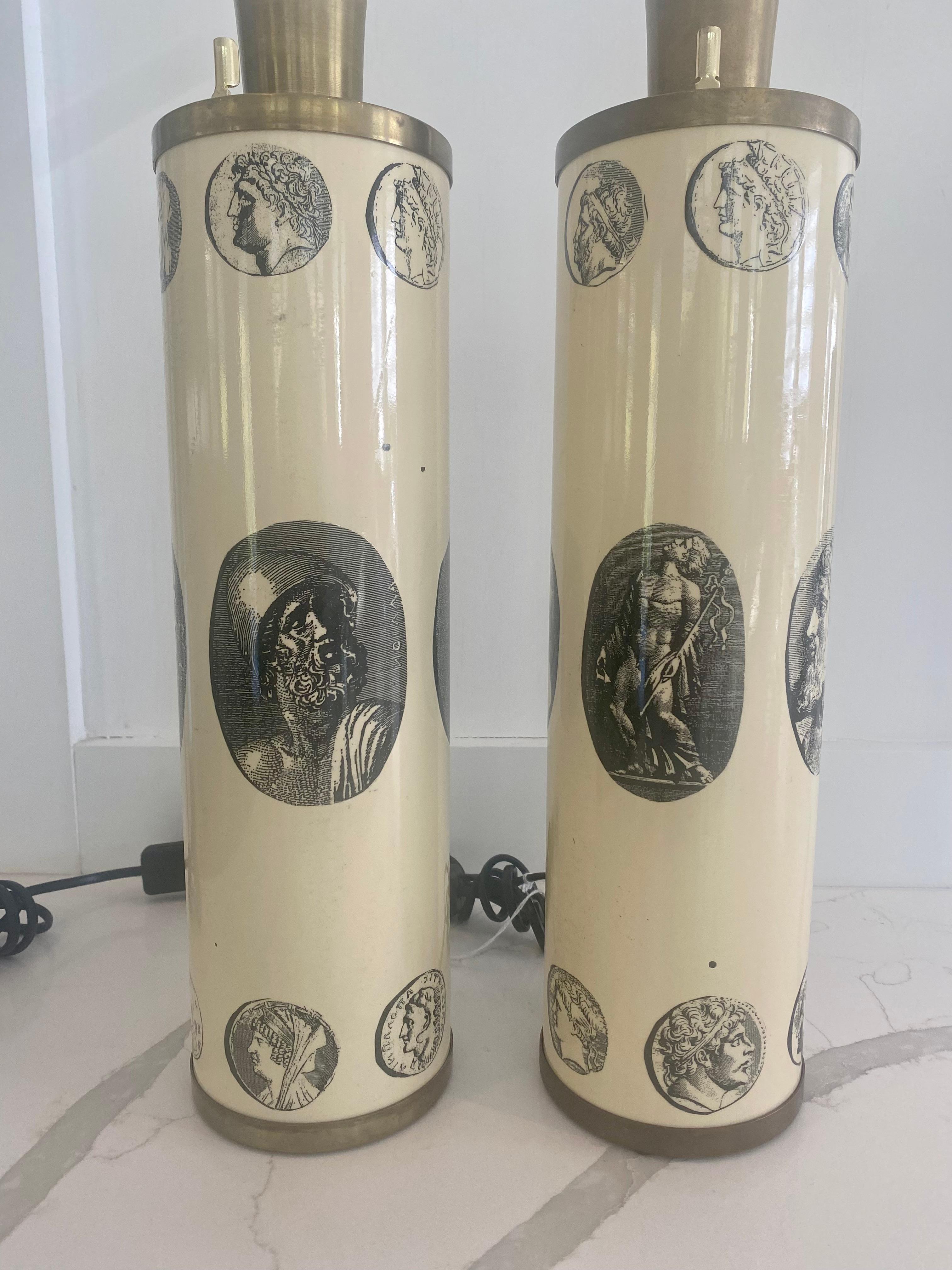 Pair of Classic Fornasetti lamps with black ground and white cameo pattern.
Note that lampshades not included...