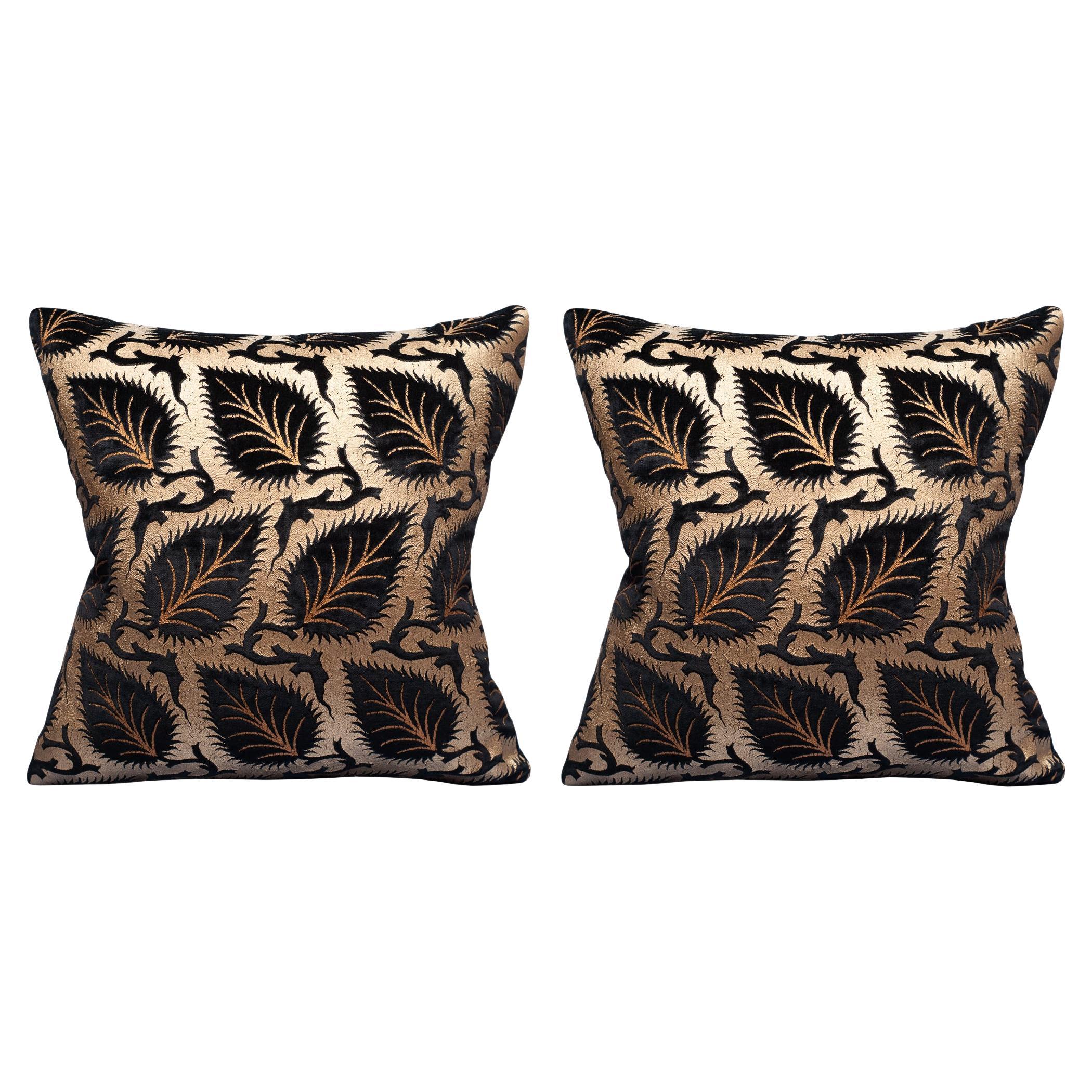 Pair of Fortuny Black and Gold Silk Velvet Pillows For Sale