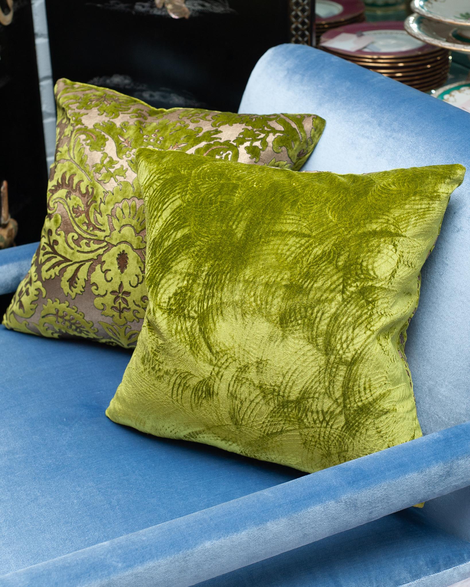 Italian Pair of Fortuny Chartreuse Green and Gold Silk Velvet Pillows