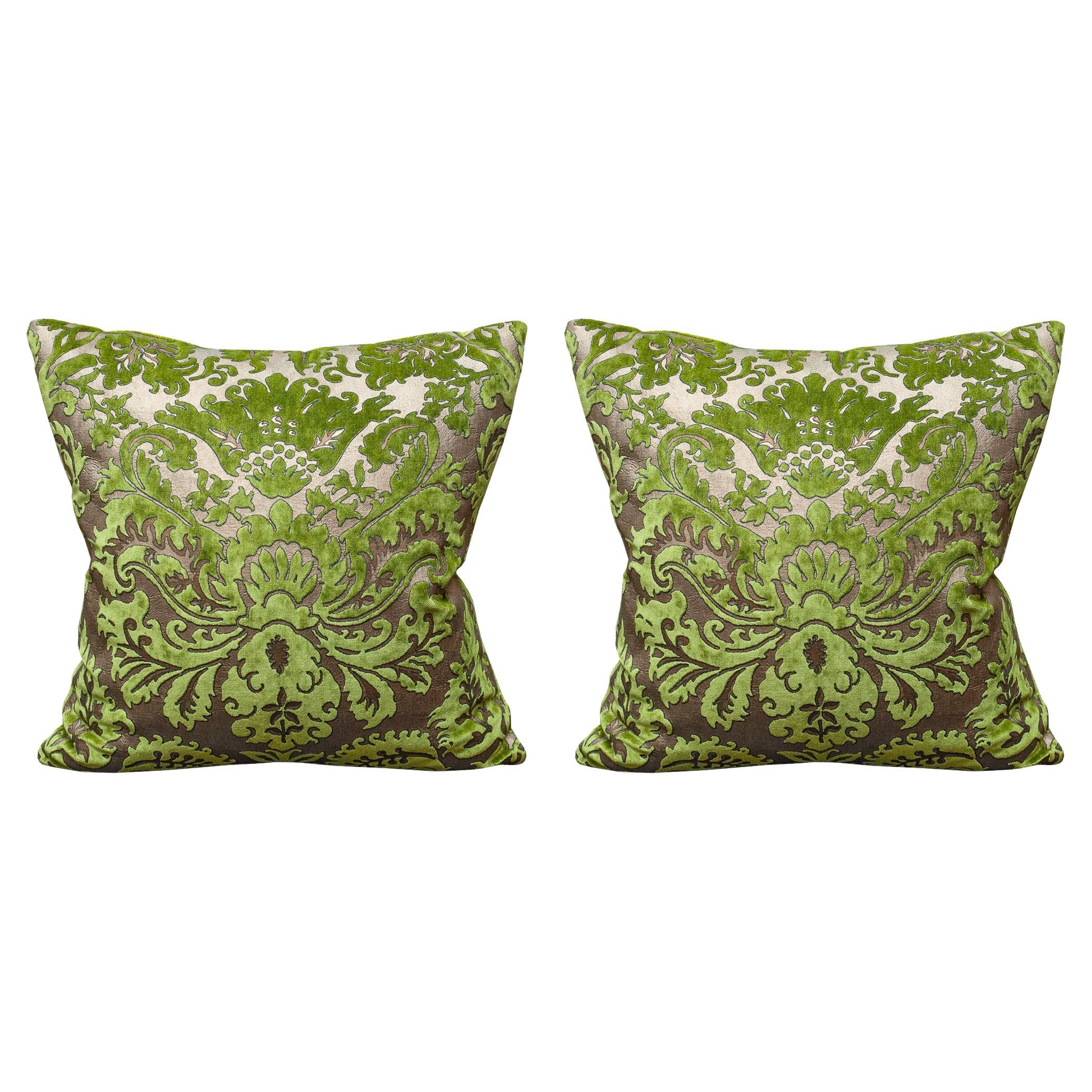 Pair of Fortuny Chartreuse Green and Gold Silk Velvet Pillows For Sale