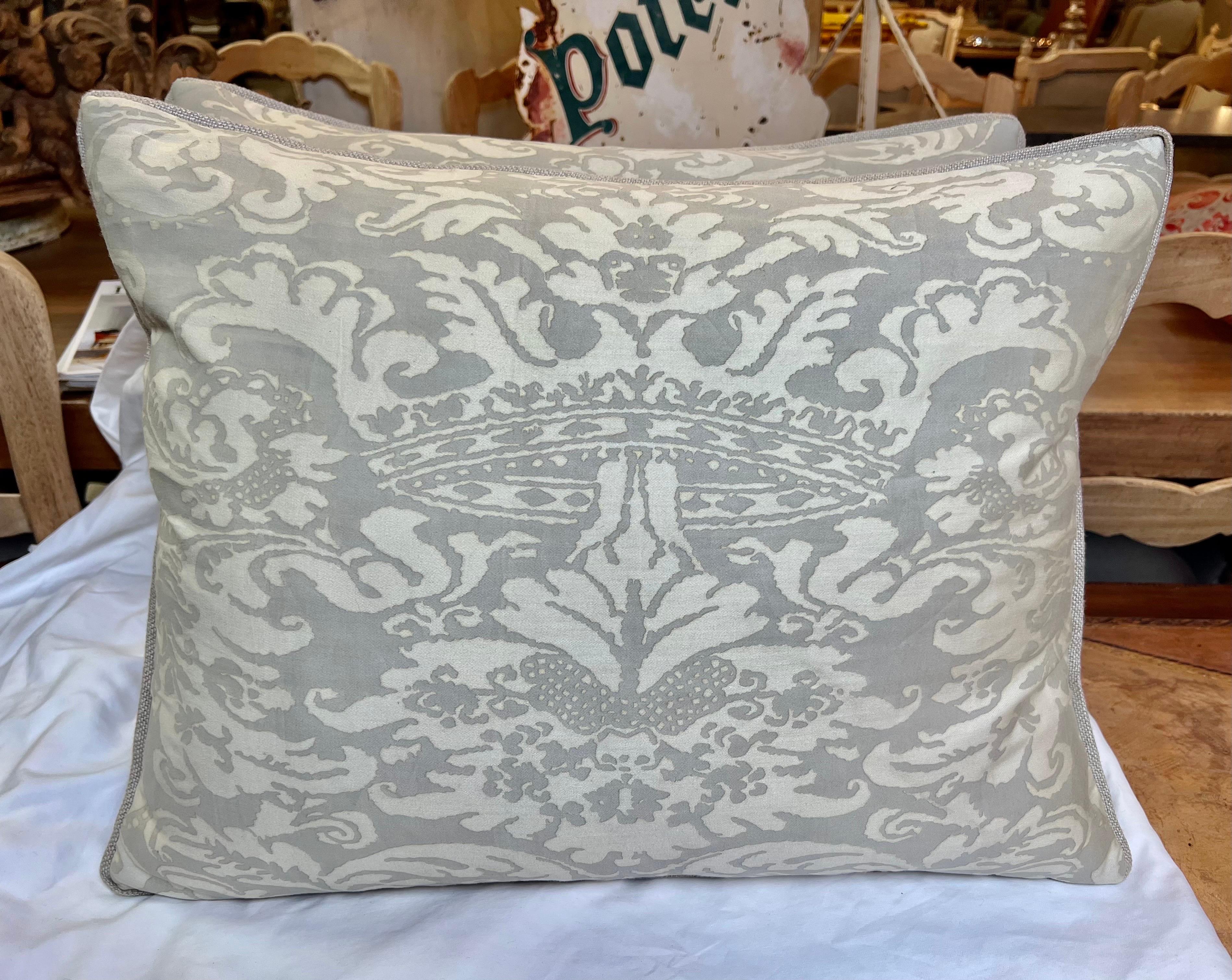 Custom pair of cream & soft gray colored pillows made with authentic Corone Patterned Fortuny textile fronts and Belgium linen backs. Down inserts. Zipper closures.