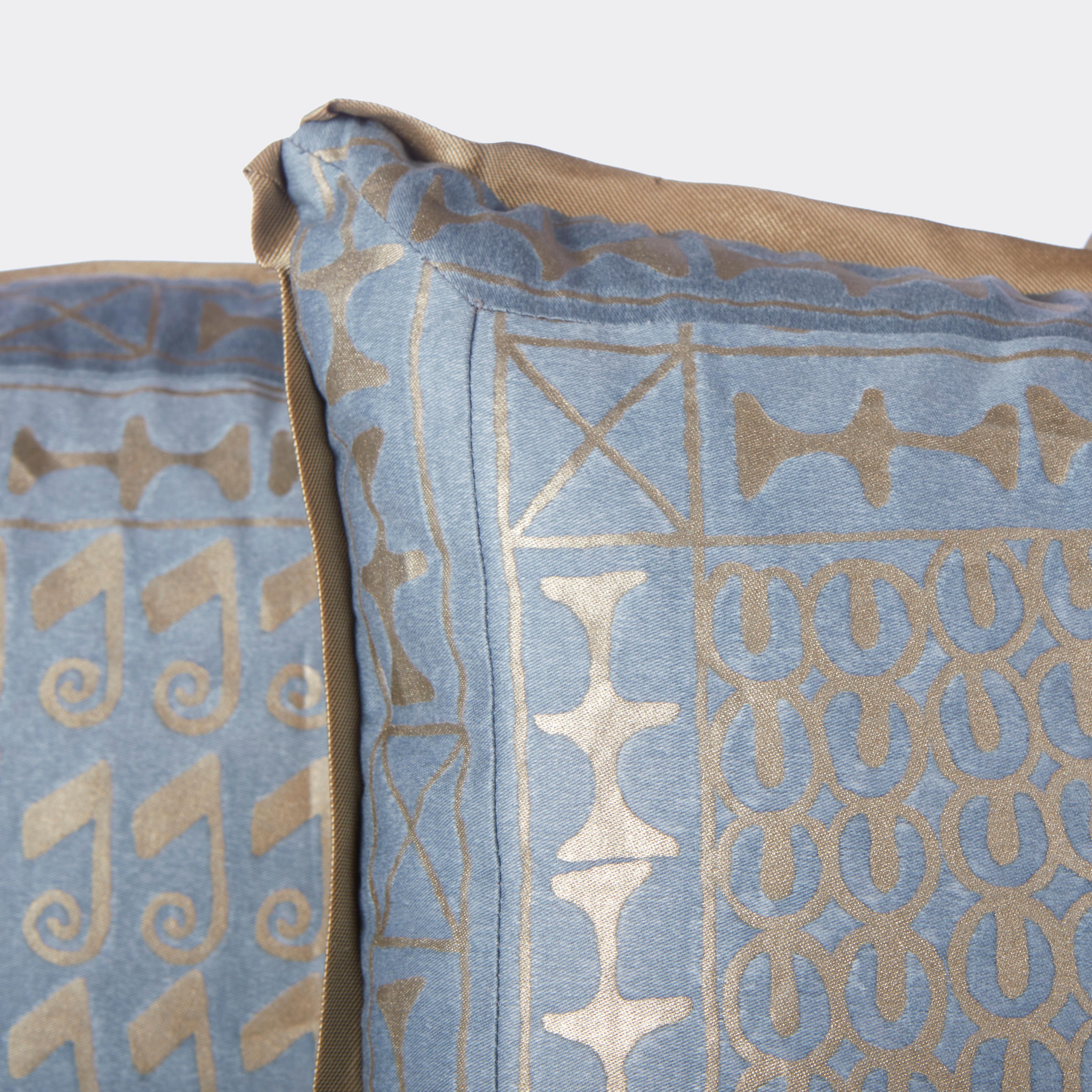 Contemporary Pair of Fortuny Cushions in Blue and Silvery Gold Ashanti Pattern Final Sale