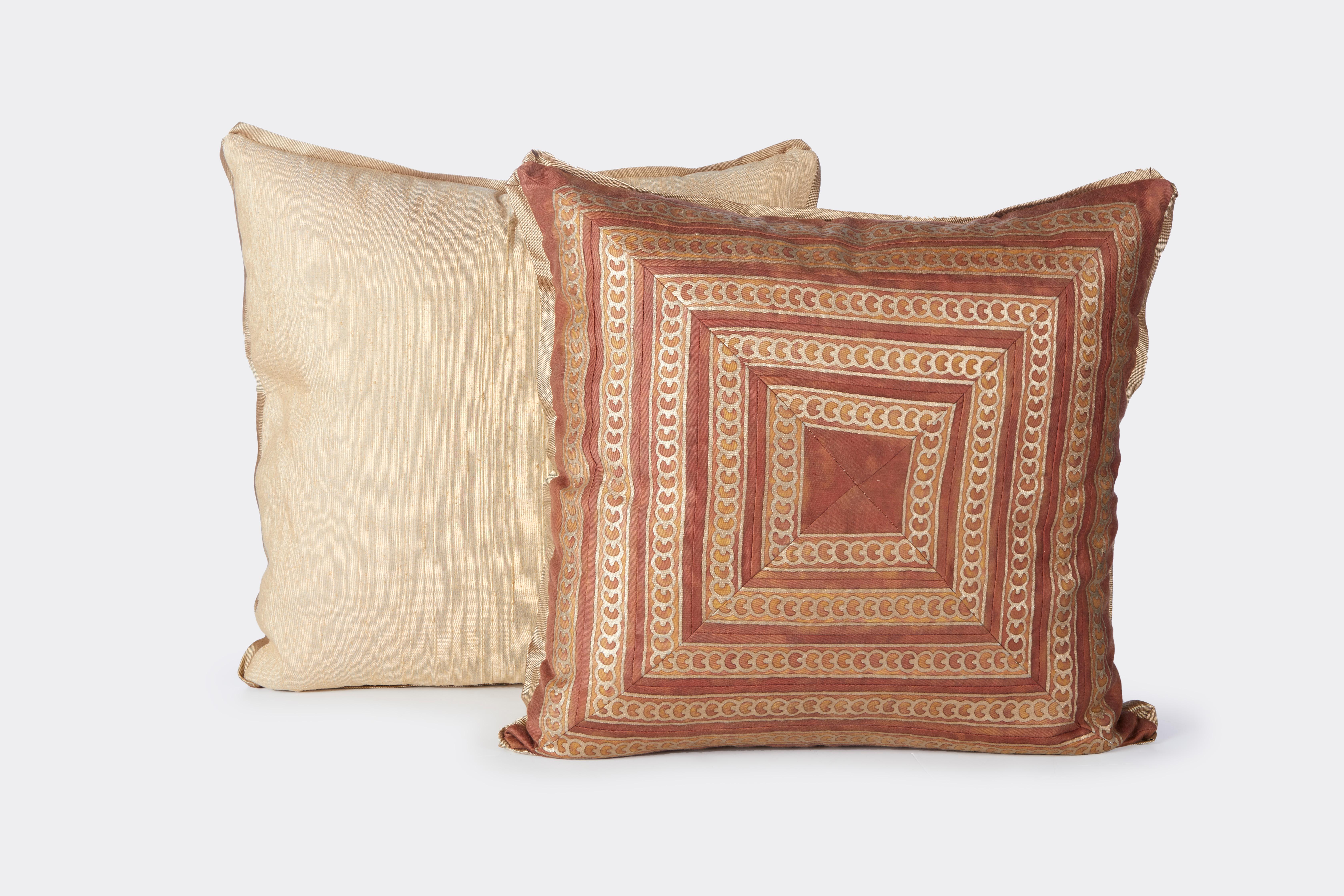 American Pair of Fortuny Cushions with Border Pieced and Mitered by David Duncan Studio For Sale
