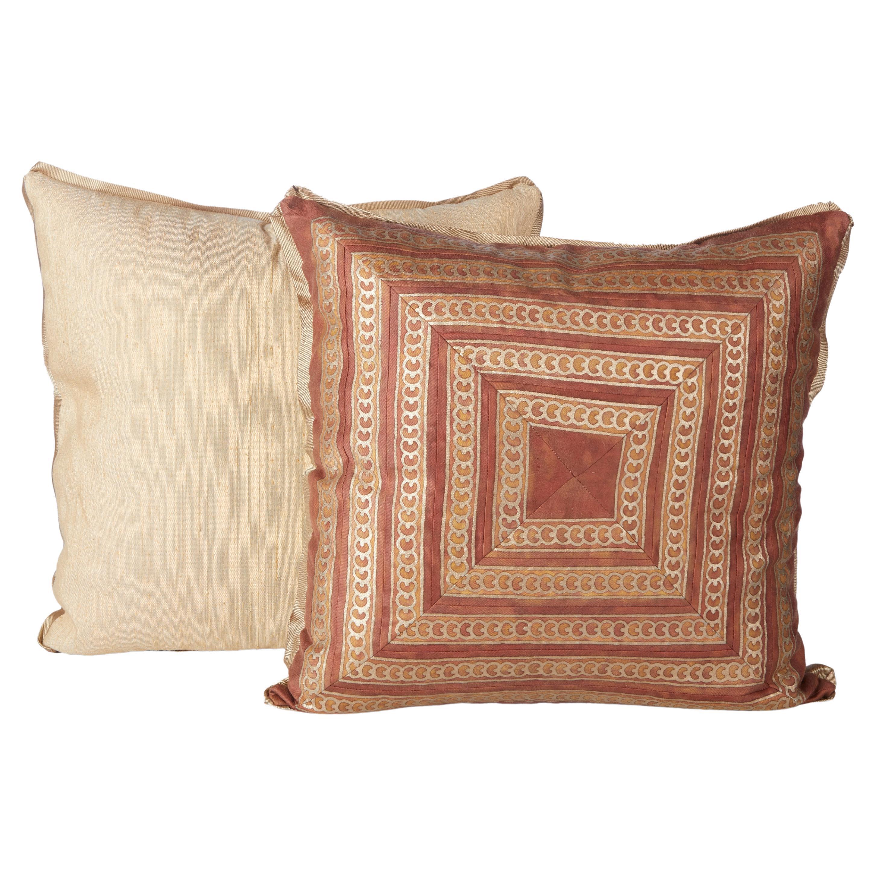 Pair of Fortuny Cushions with Border Pieced and Mitered by David Duncan Studio For Sale