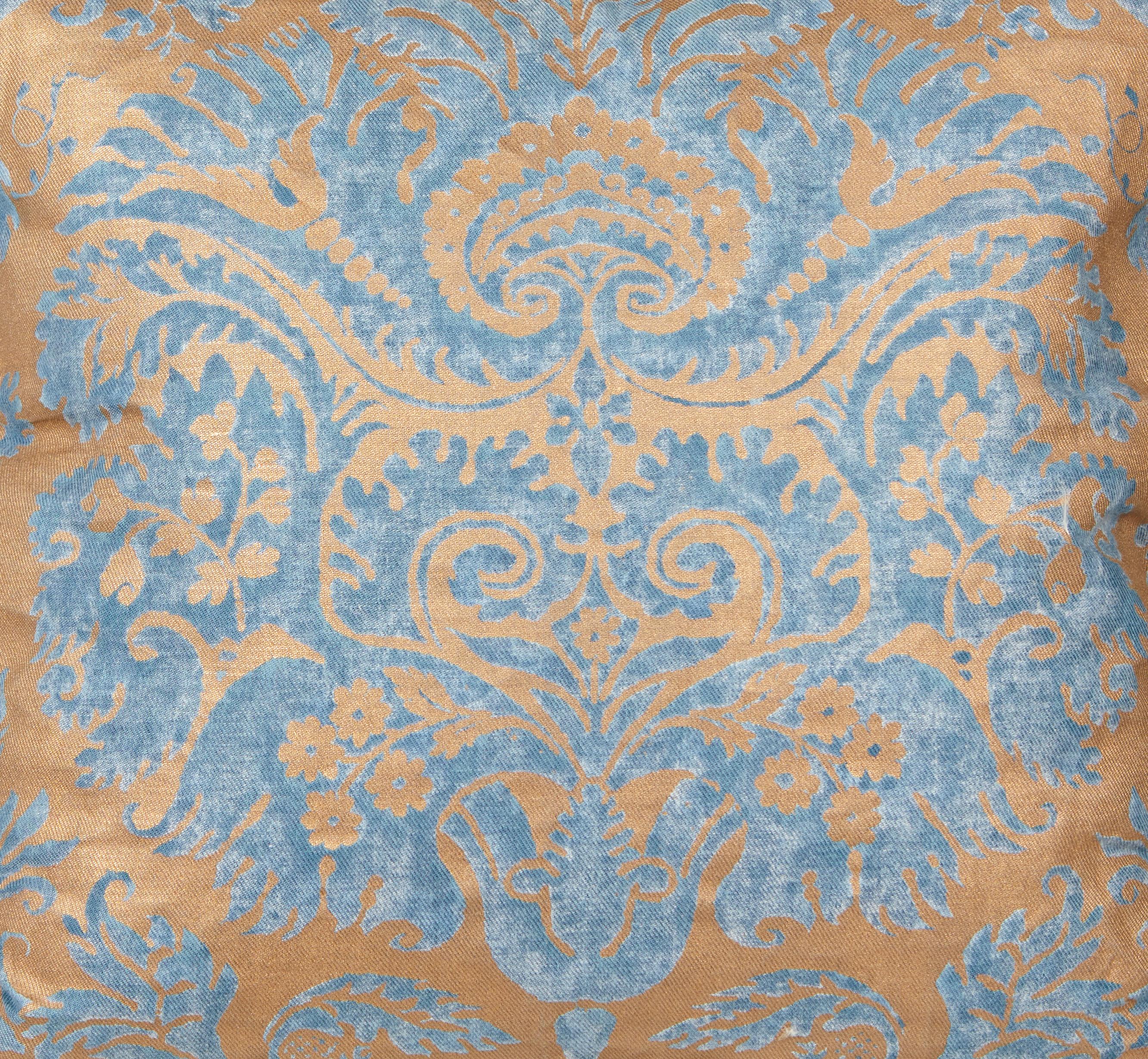 American Pair of Fortuny Fabric Cushions in the Demedici Pattern, Blue and Silvery Gold For Sale