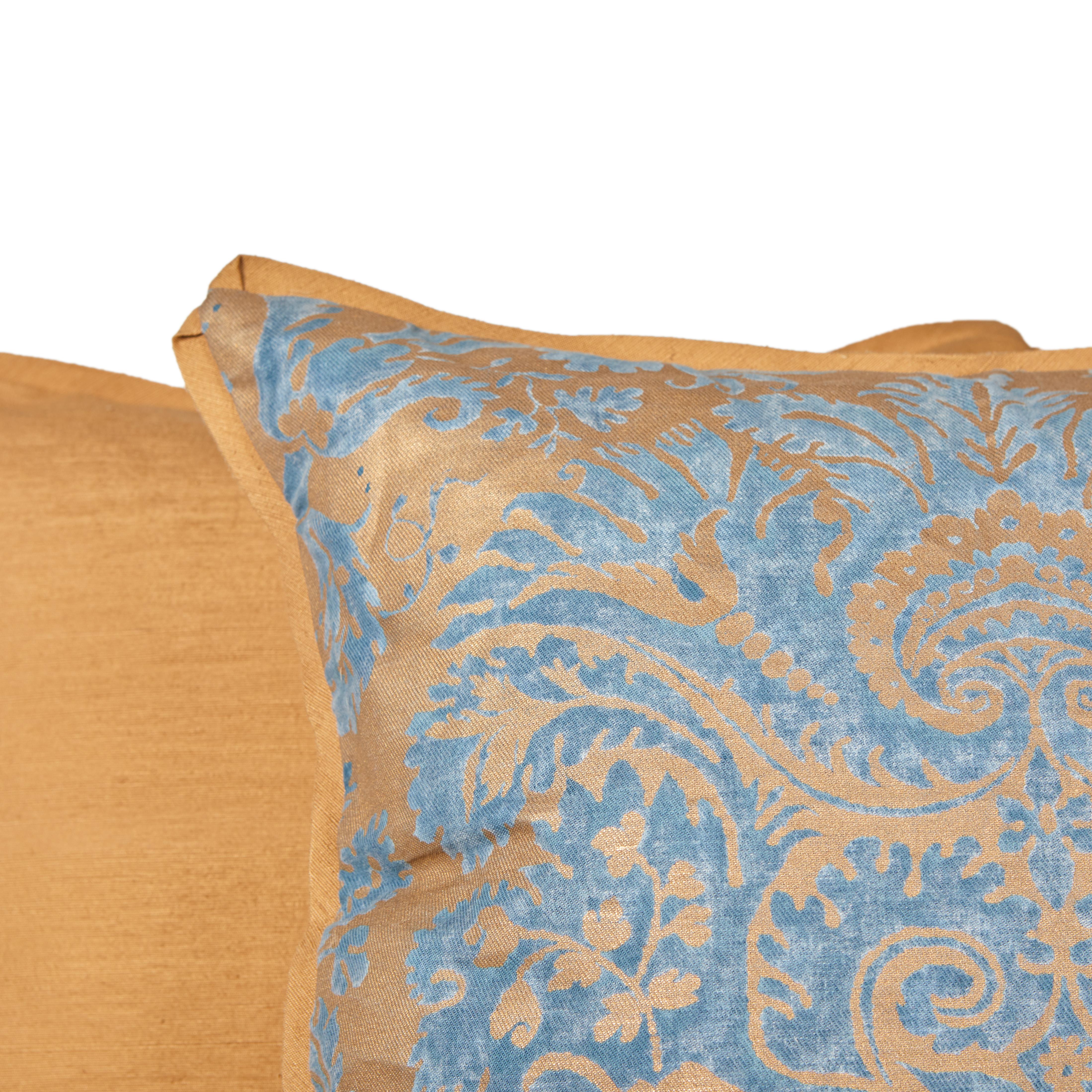 Contemporary Pair of Fortuny Fabric Cushions in the Demedici Pattern, Blue and Silvery Gold For Sale
