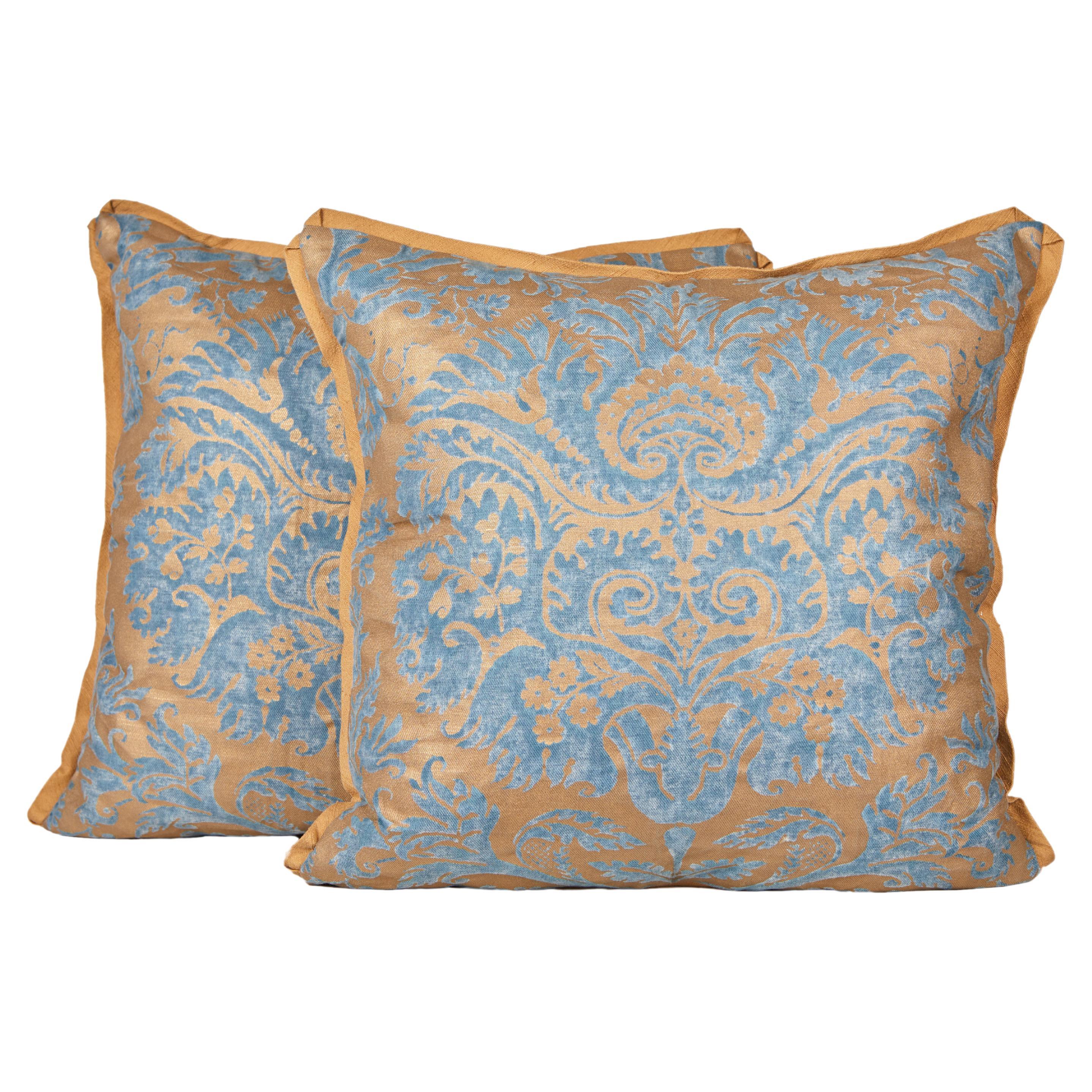 Pair of Fortuny Fabric Cushions in the Demedici Pattern, Blue and Silvery Gold