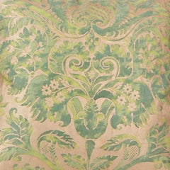Pair of Fortuny Fabric Cushions in the Demedici Pattern, Green and Silvery Gold