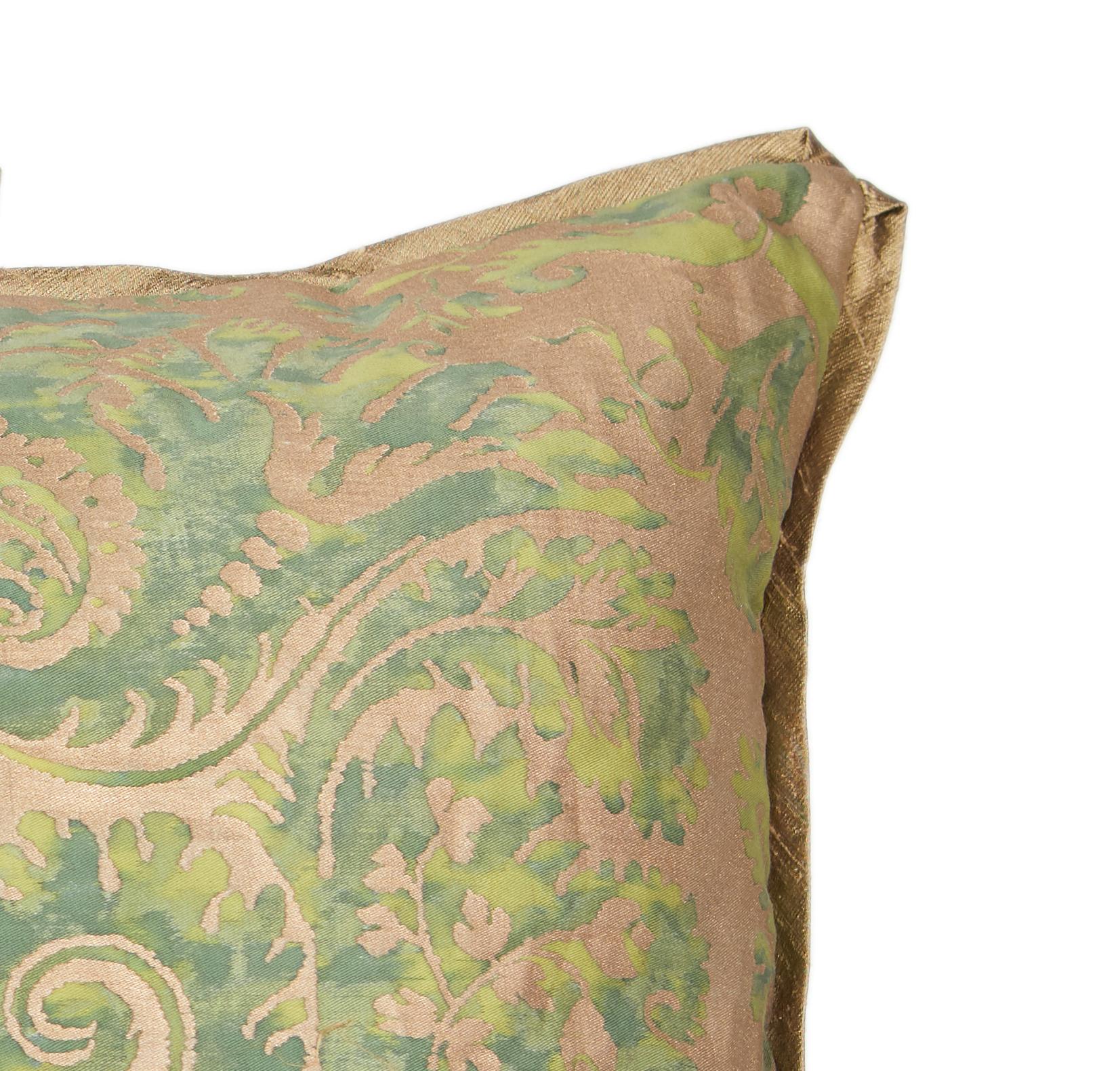 American Pair of Fortuny Fabric Cushions in the Demedici Pattern, Green and Silvery Gold For Sale