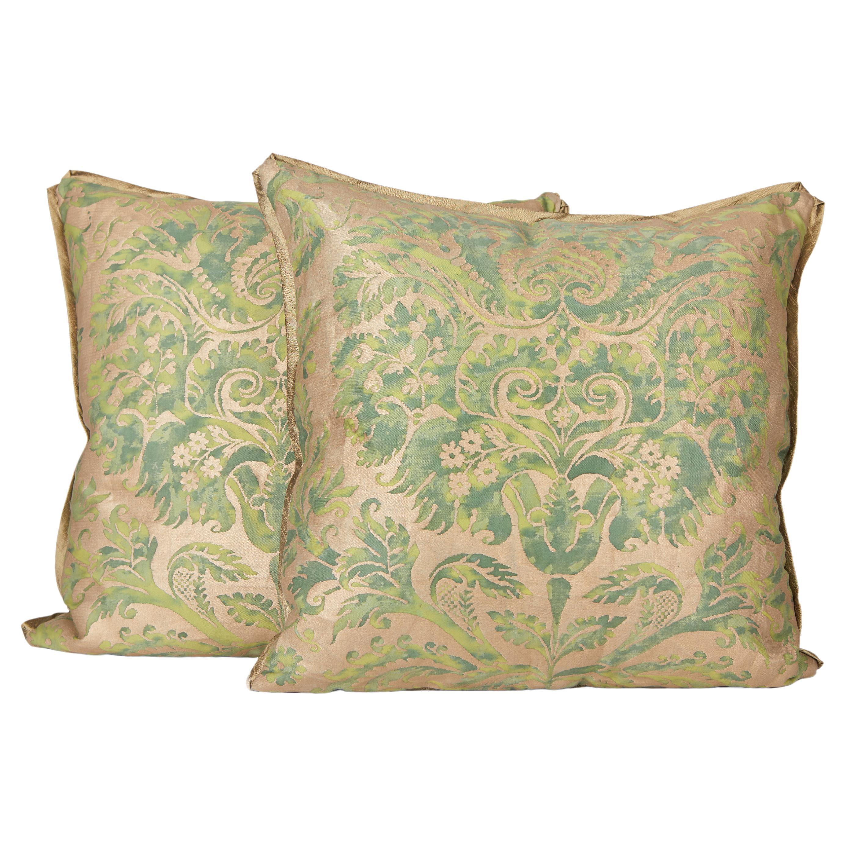 Pair of Fortuny Fabric Cushions in the Demedici Pattern, Green and Silvery Gold