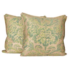 Pair of Fortuny Fabric Cushions in the Demedici Pattern, Green and Silvery Gold